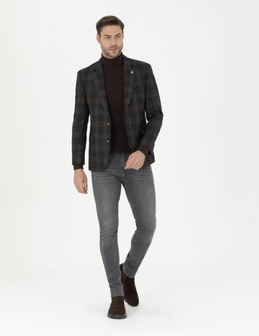Kahverengi Slim Fit Yün Ekose Ceket