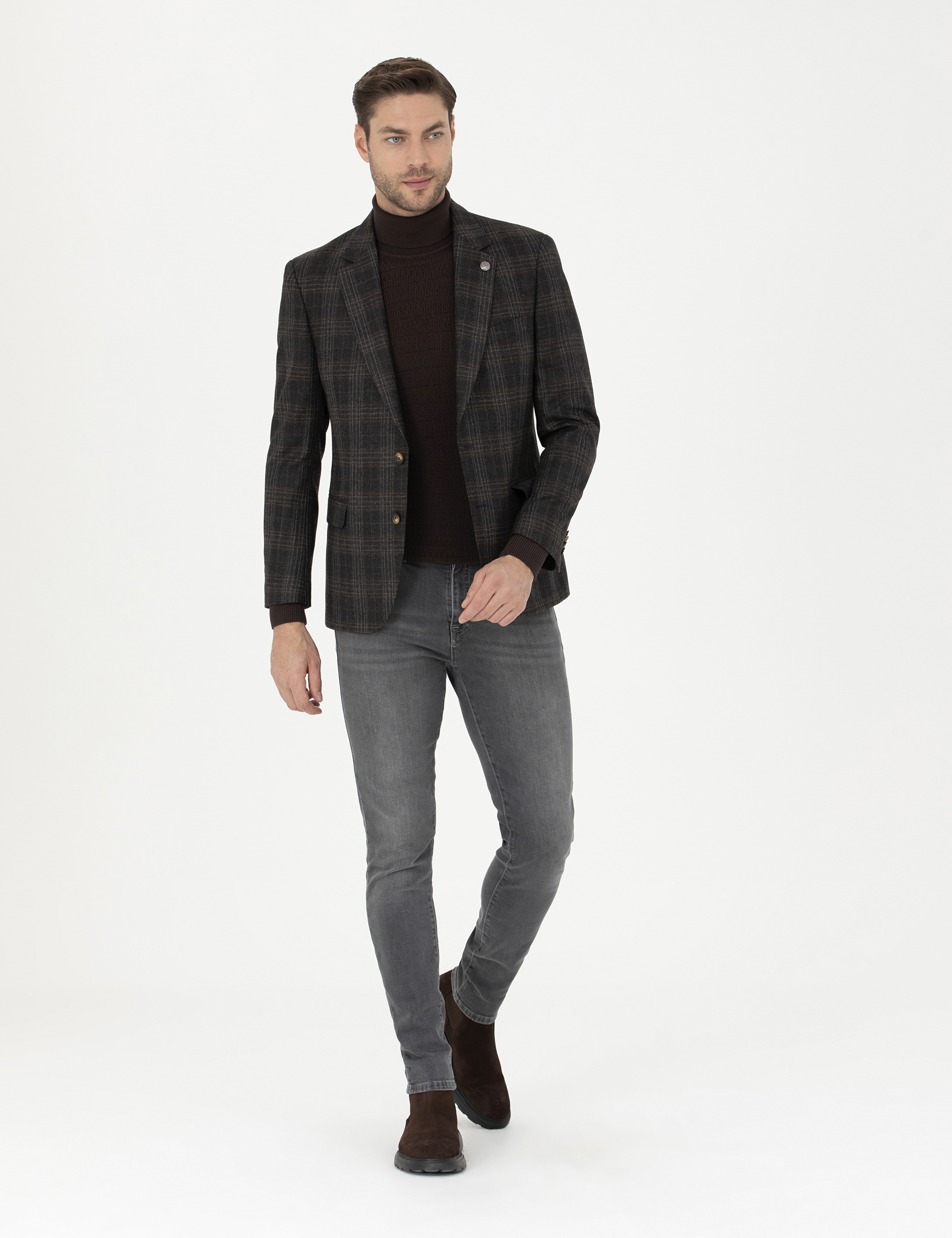 Kahverengi Slim Fit Yün Ekose Ceket - Image 4