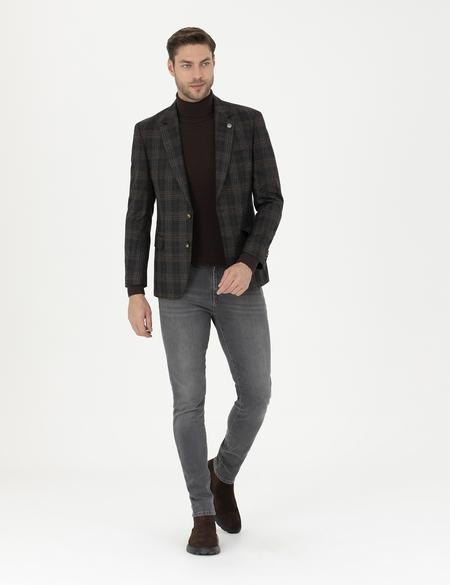 Kahverengi Slim Fit Yün Ekose Ceket - 50273415080