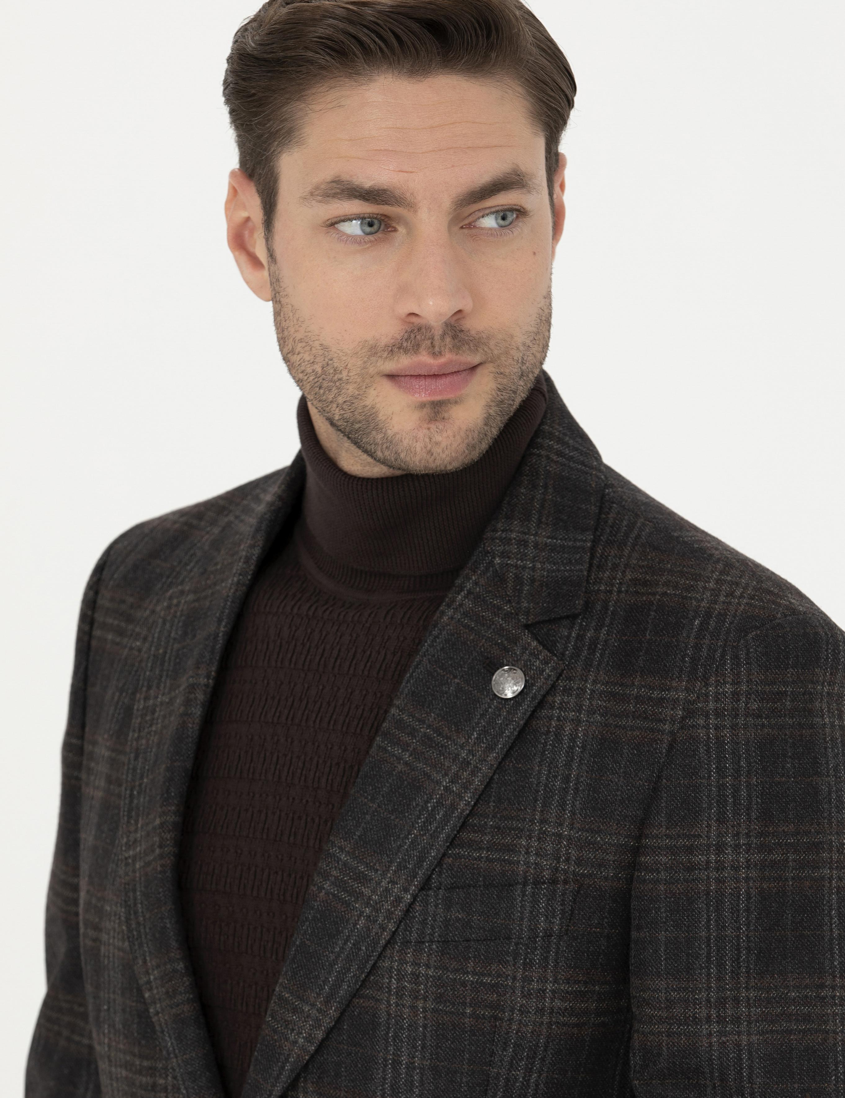 Kahverengi Slim Fit Yün Ekose Ceket
