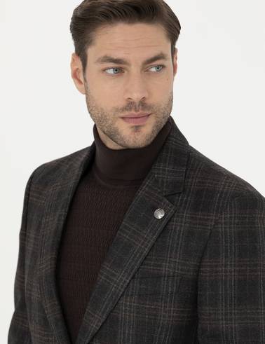 Kahverengi Slim Fit Yün Ekose Ceket