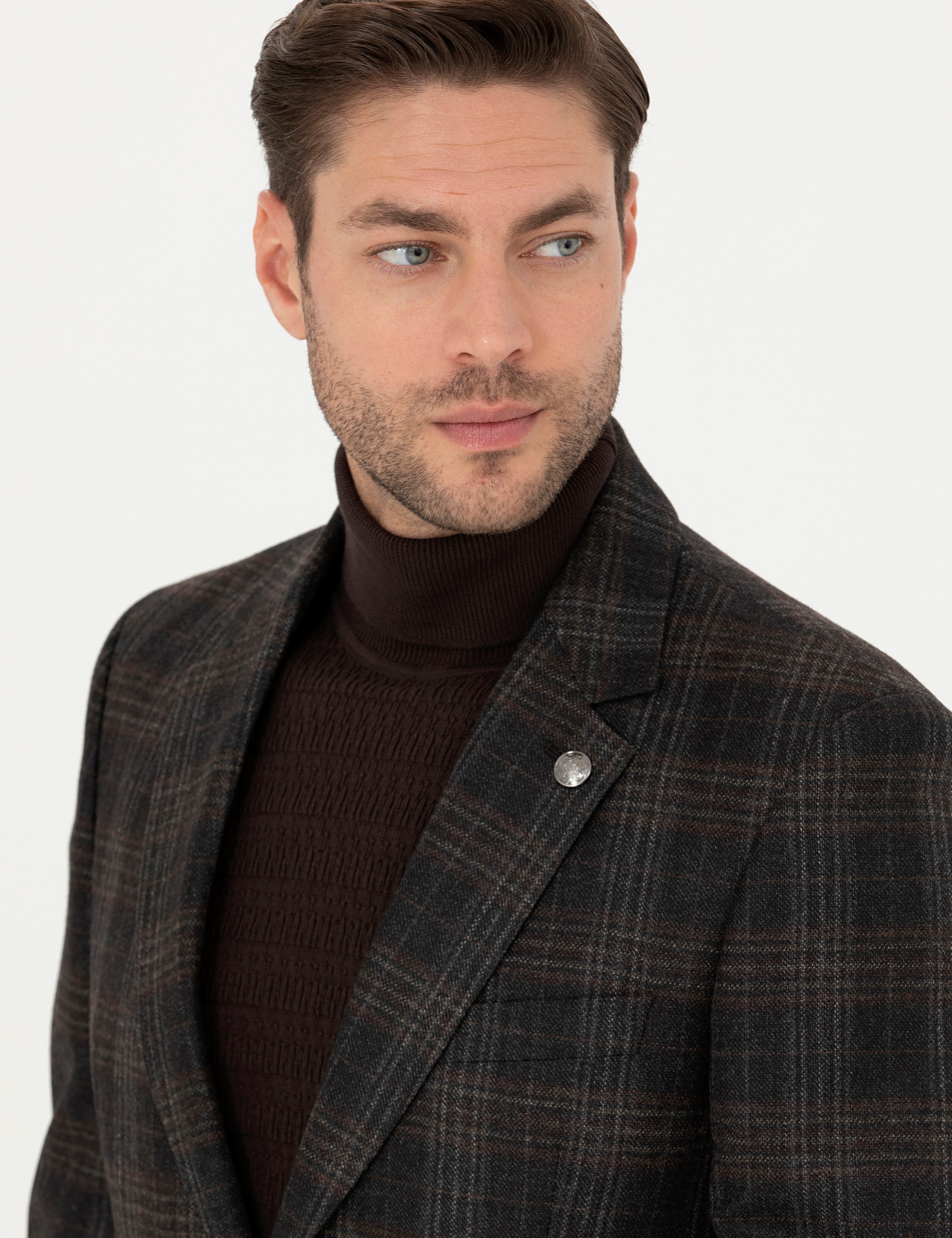 Kahverengi Slim Fit Yün Ekose Ceket - Image 2