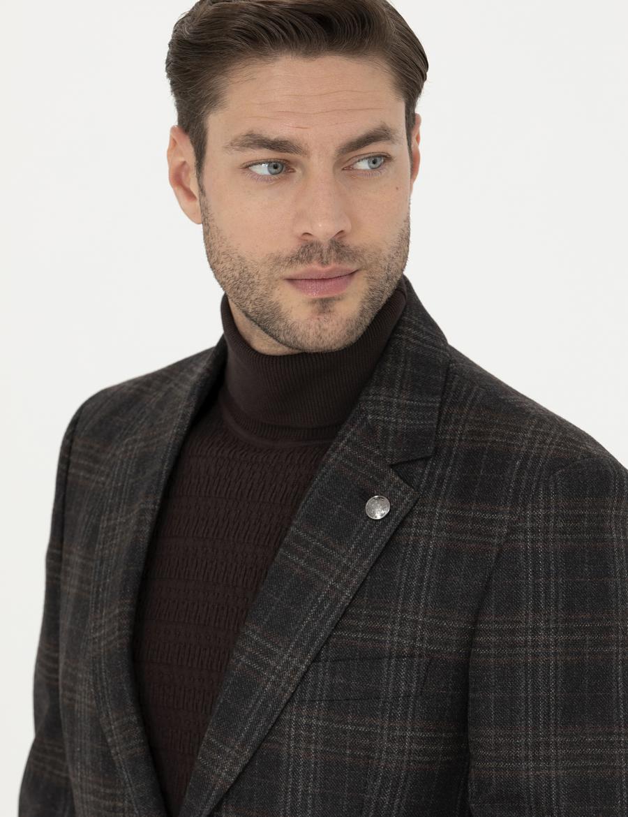Kahverengi Slim Fit Yün Ekose Ceket