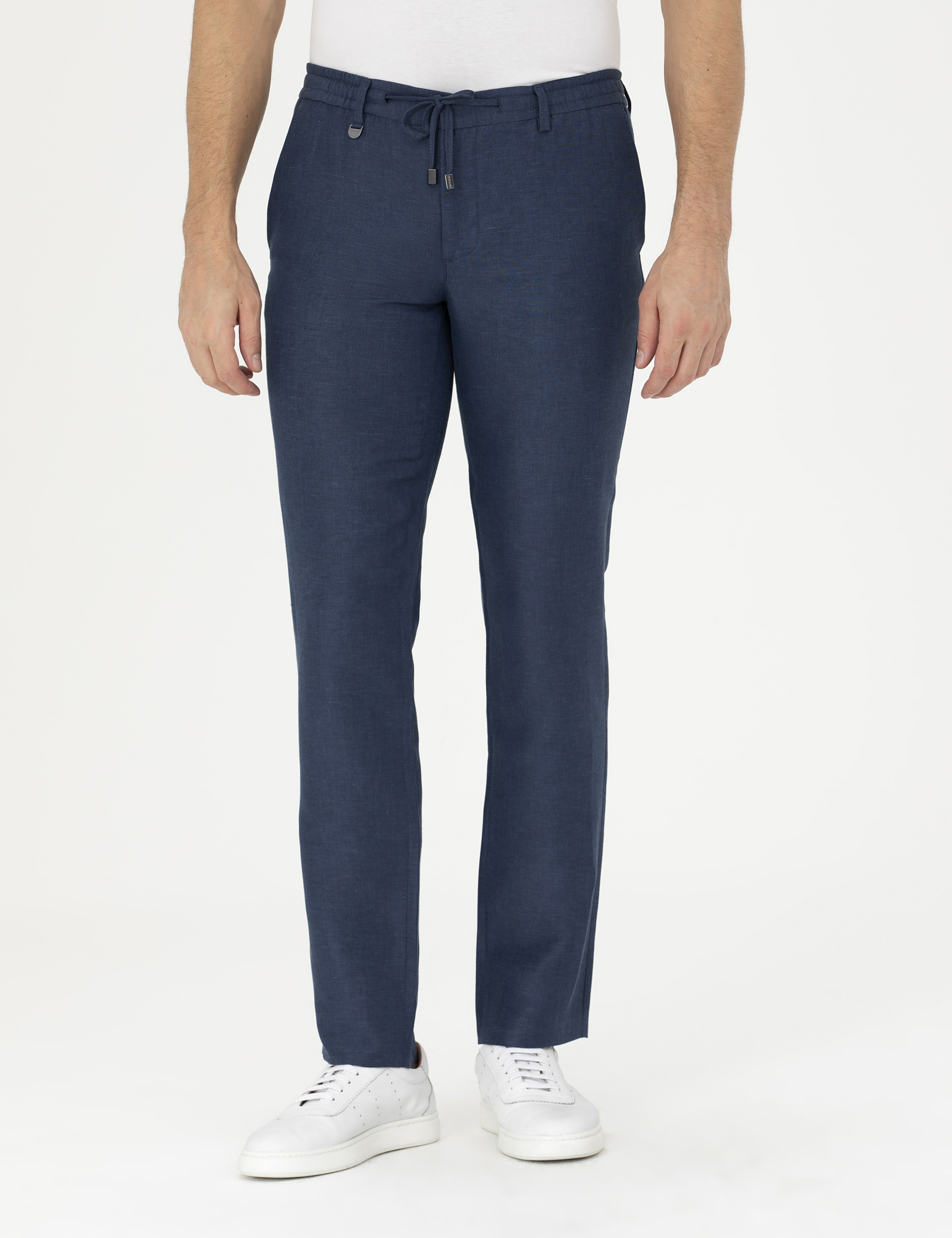 Lacivert Slim Fit Keten Karışımlı Pantolon