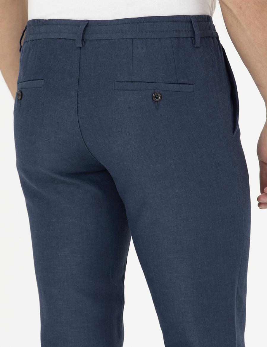 Lacivert Slim Fit Keten Karışımlı Pantolon