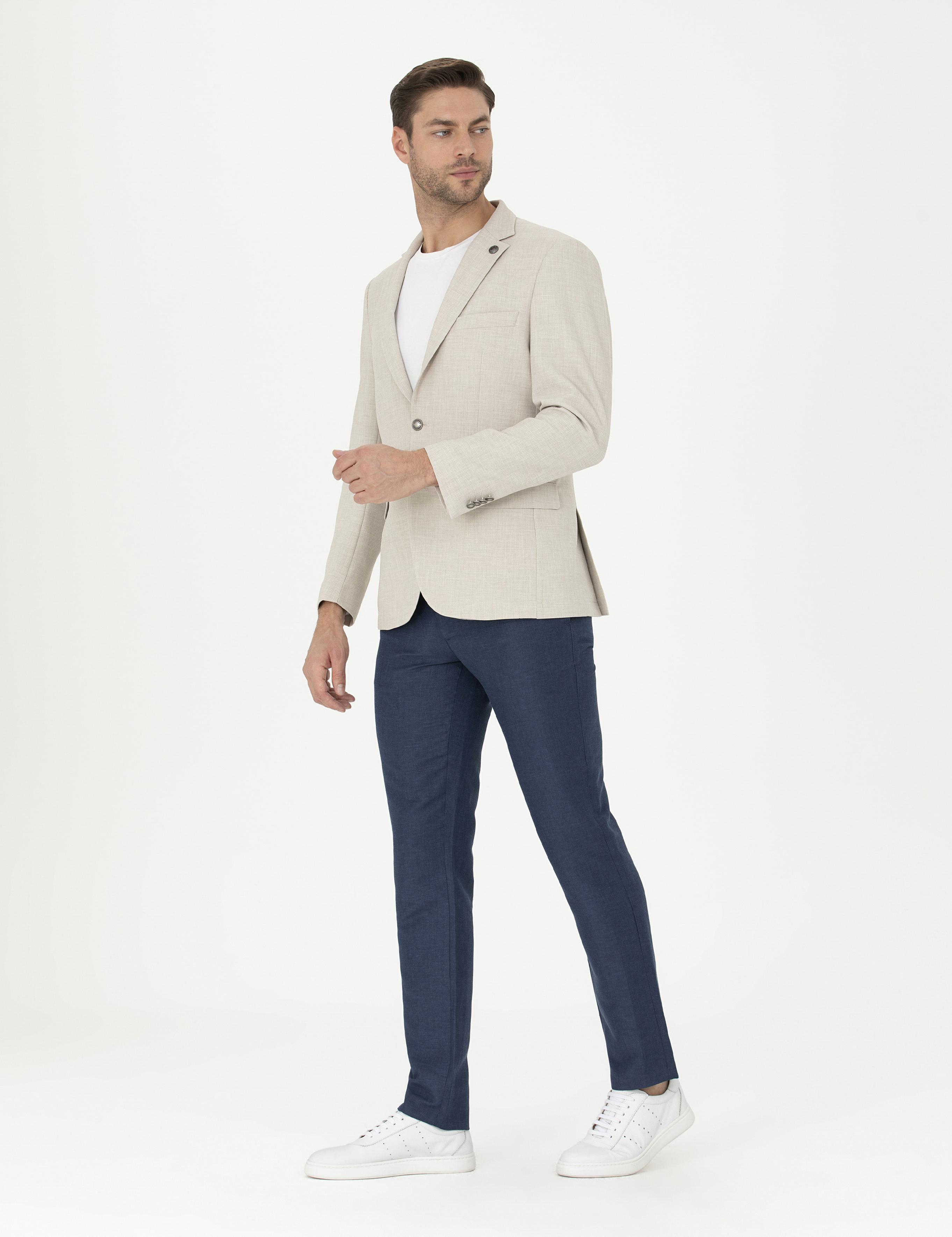 Lacivert Slim Fit Keten Karışımlı Pantolon