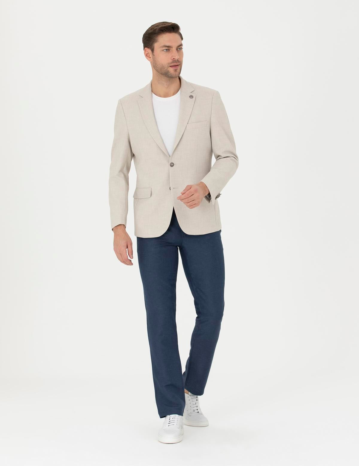 Lacivert Slim Fit Keten Karışımlı Pantolon