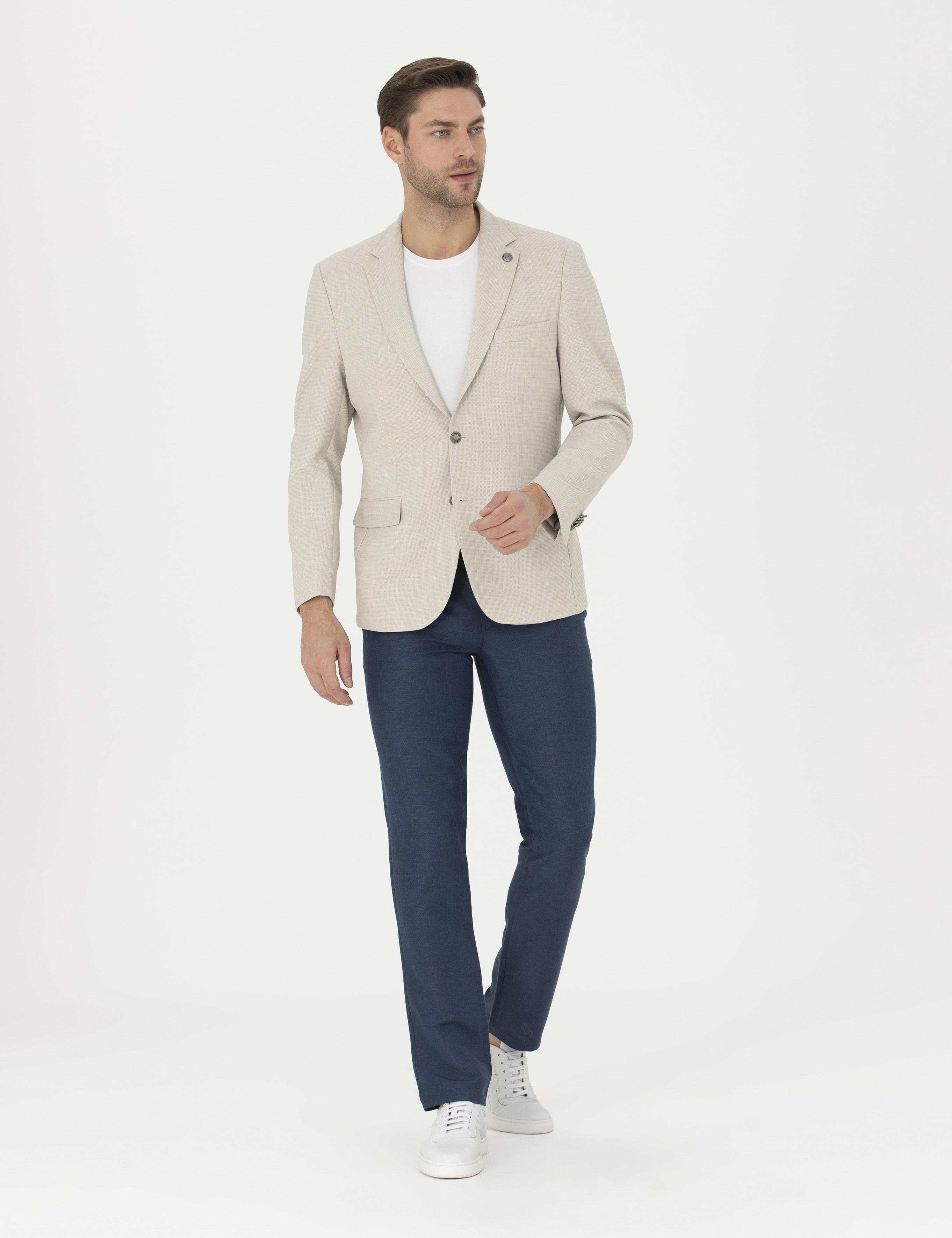 Lacivert Slim Fit Keten Karışımlı Pantolon