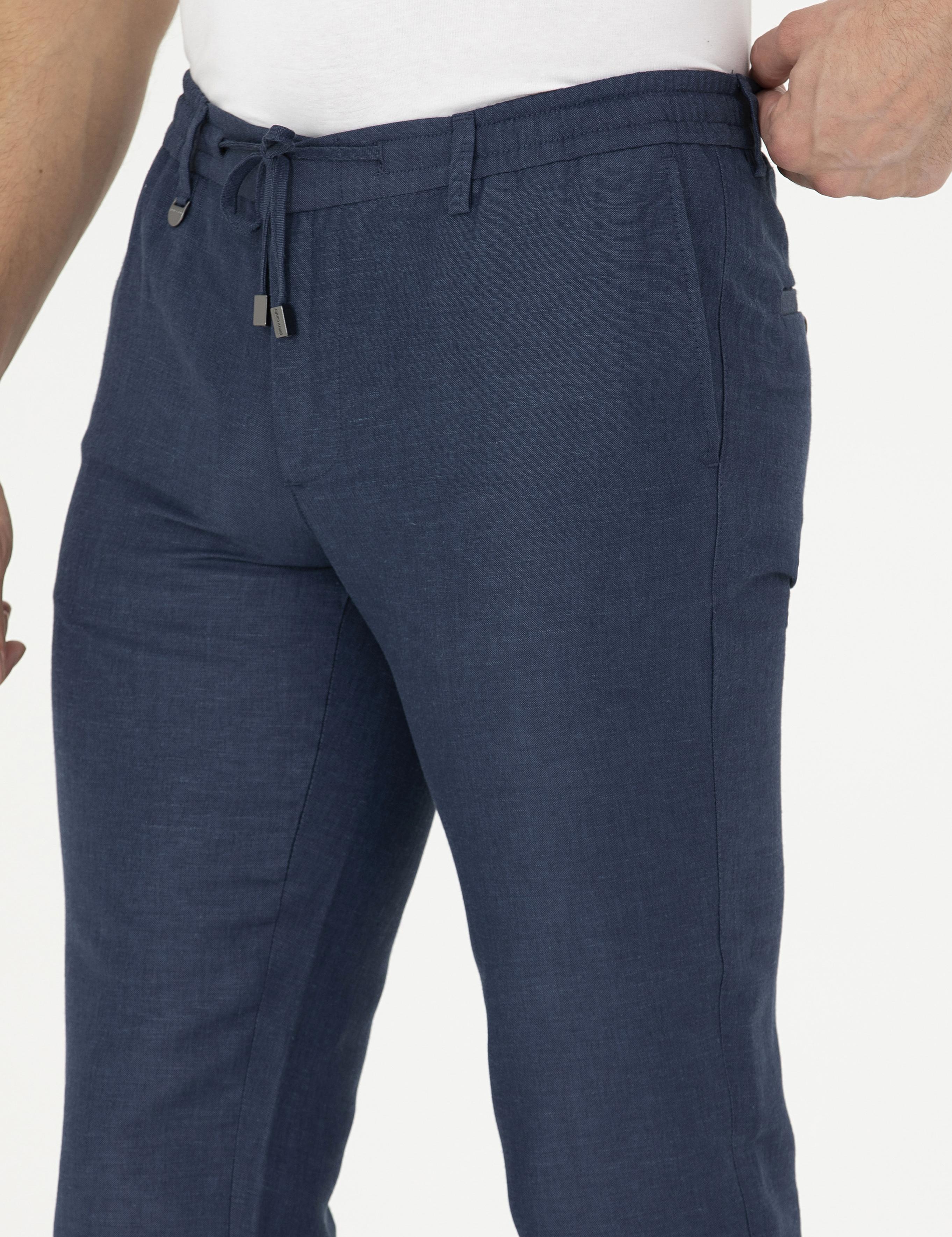 Lacivert Slim Fit Keten Karışımlı Pantolon