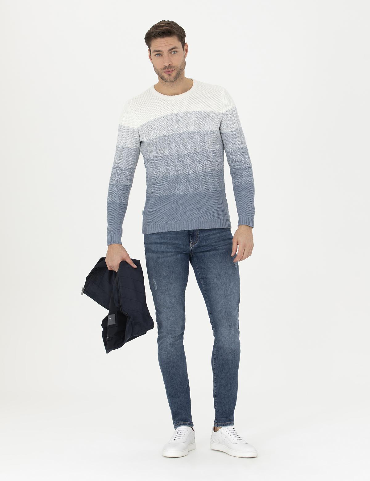 Koyu Mavi Slim Fit Bisiklet Yaka Triko Kazak - 50278085001