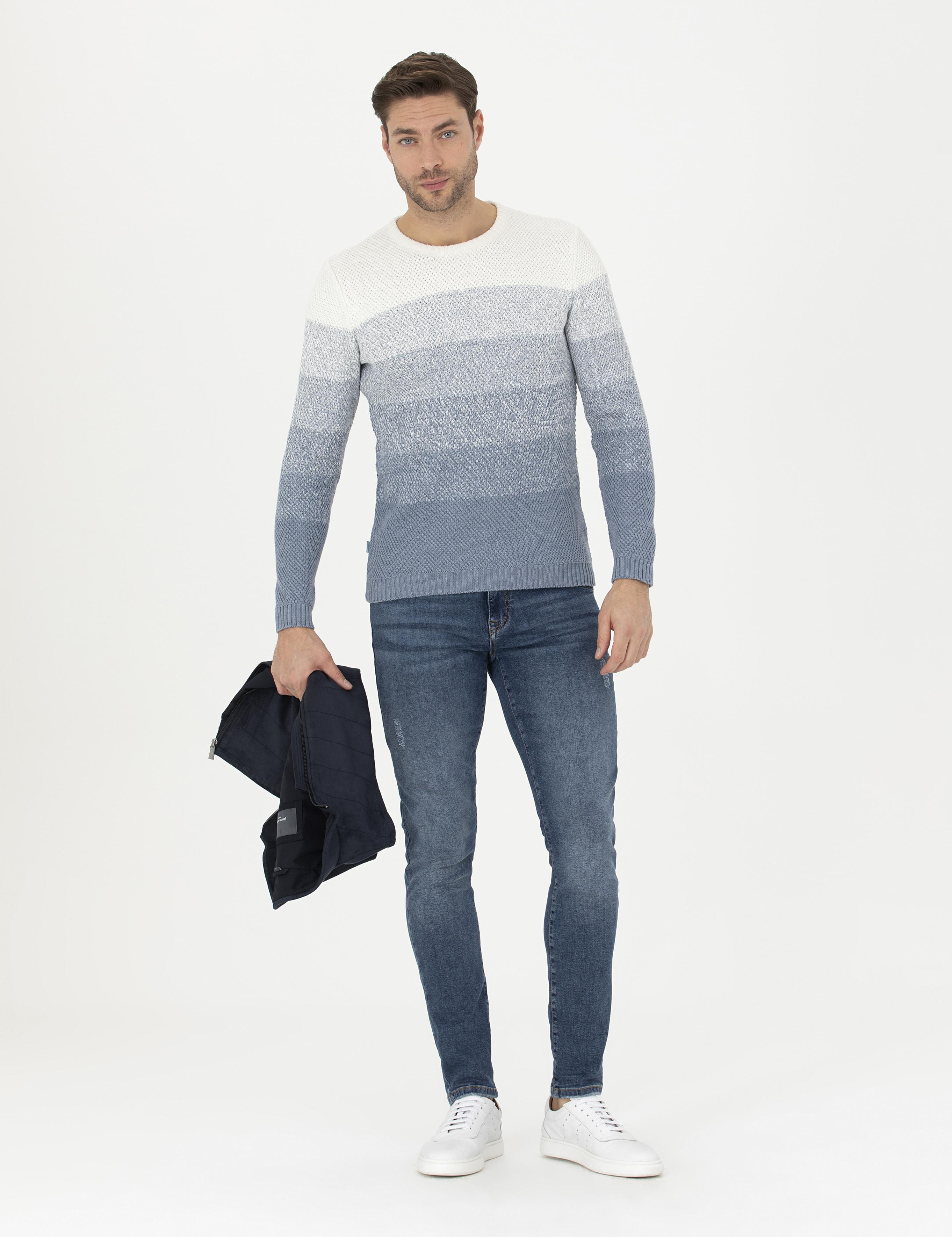 Koyu Mavi Slim Fit Bisiklet Yaka Triko Kazak