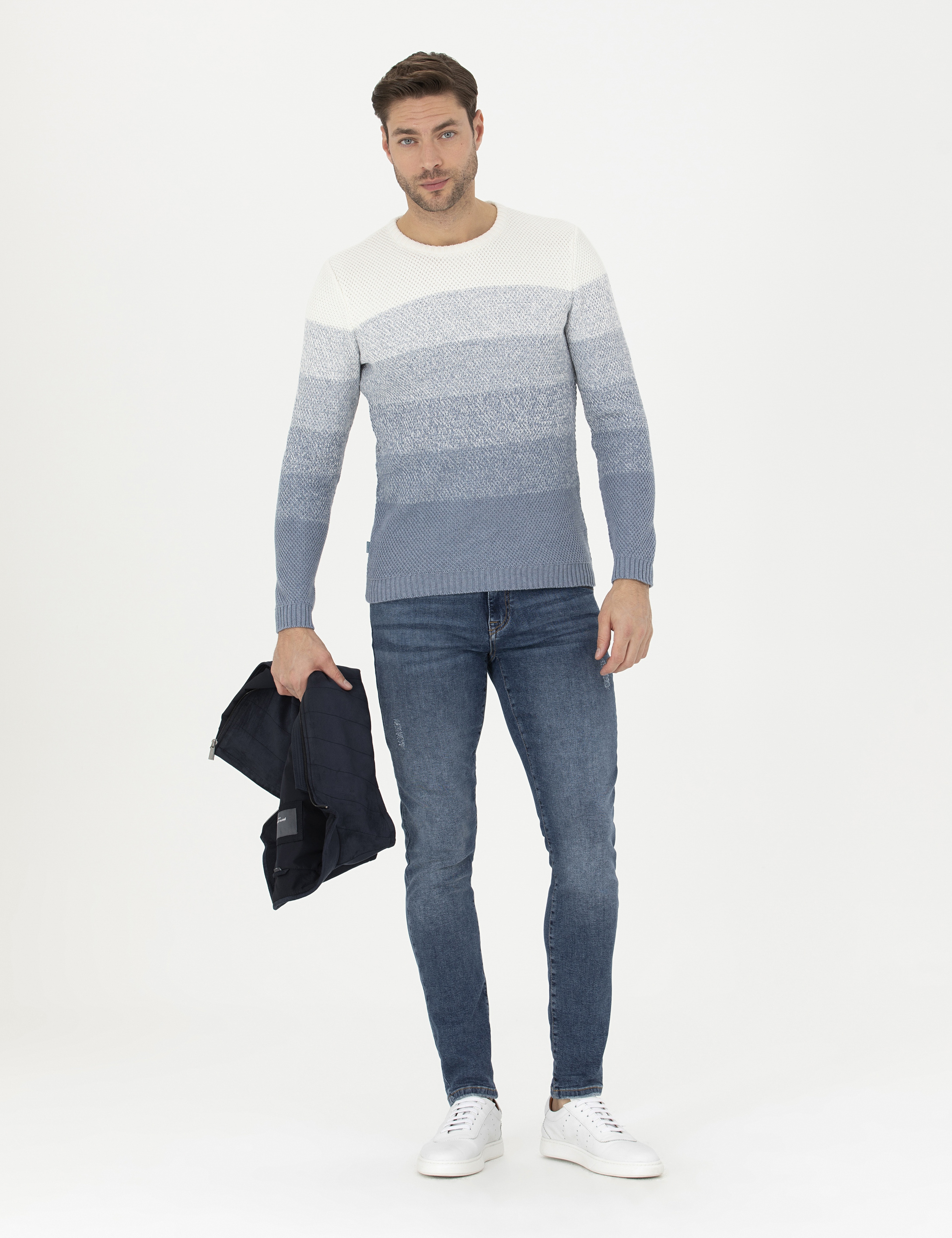 Koyu Mavi Slim Fit Bisiklet Yaka Triko Kazak - Image 4