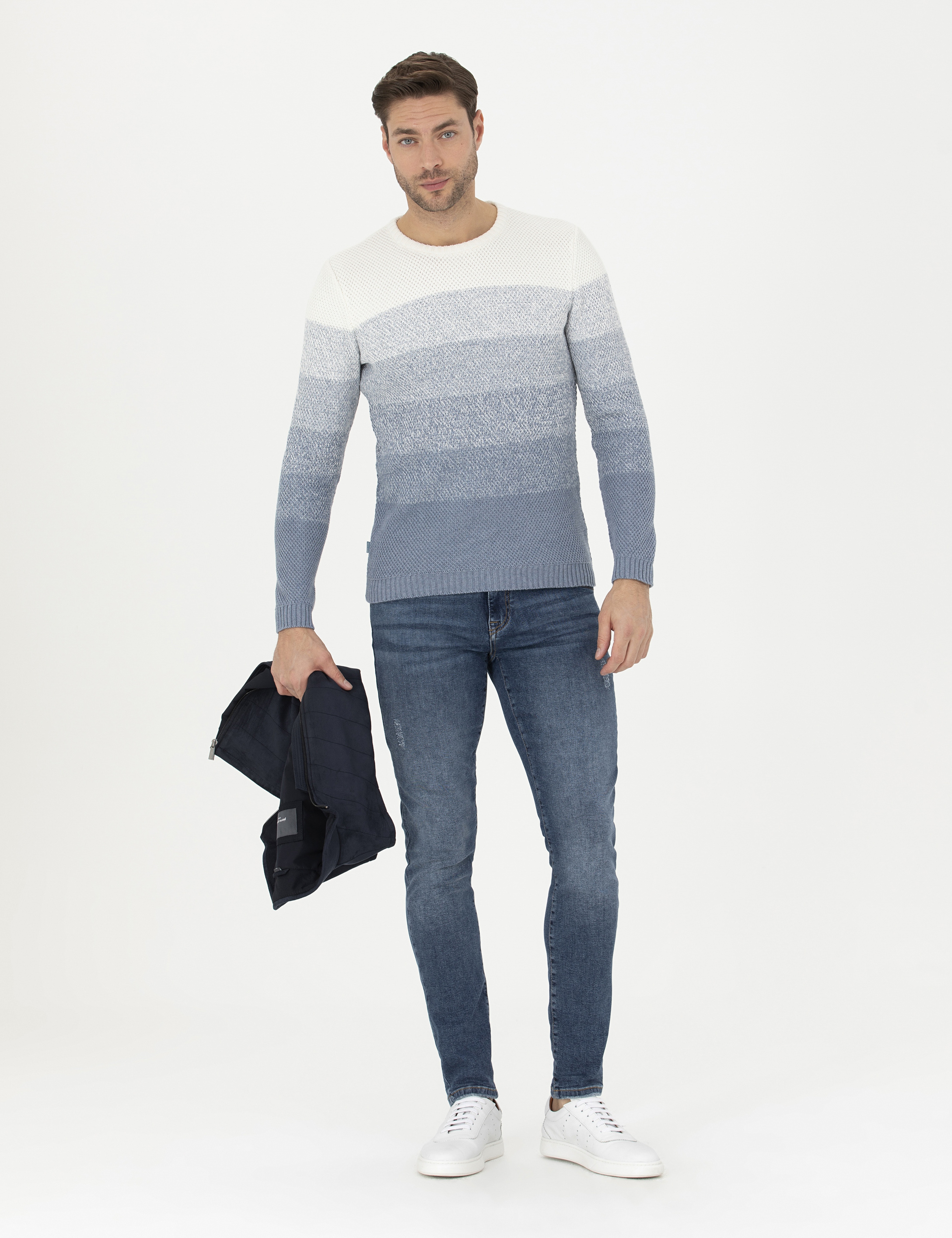 Koyu Mavi Slim Fit Bisiklet Yaka Triko Kazak