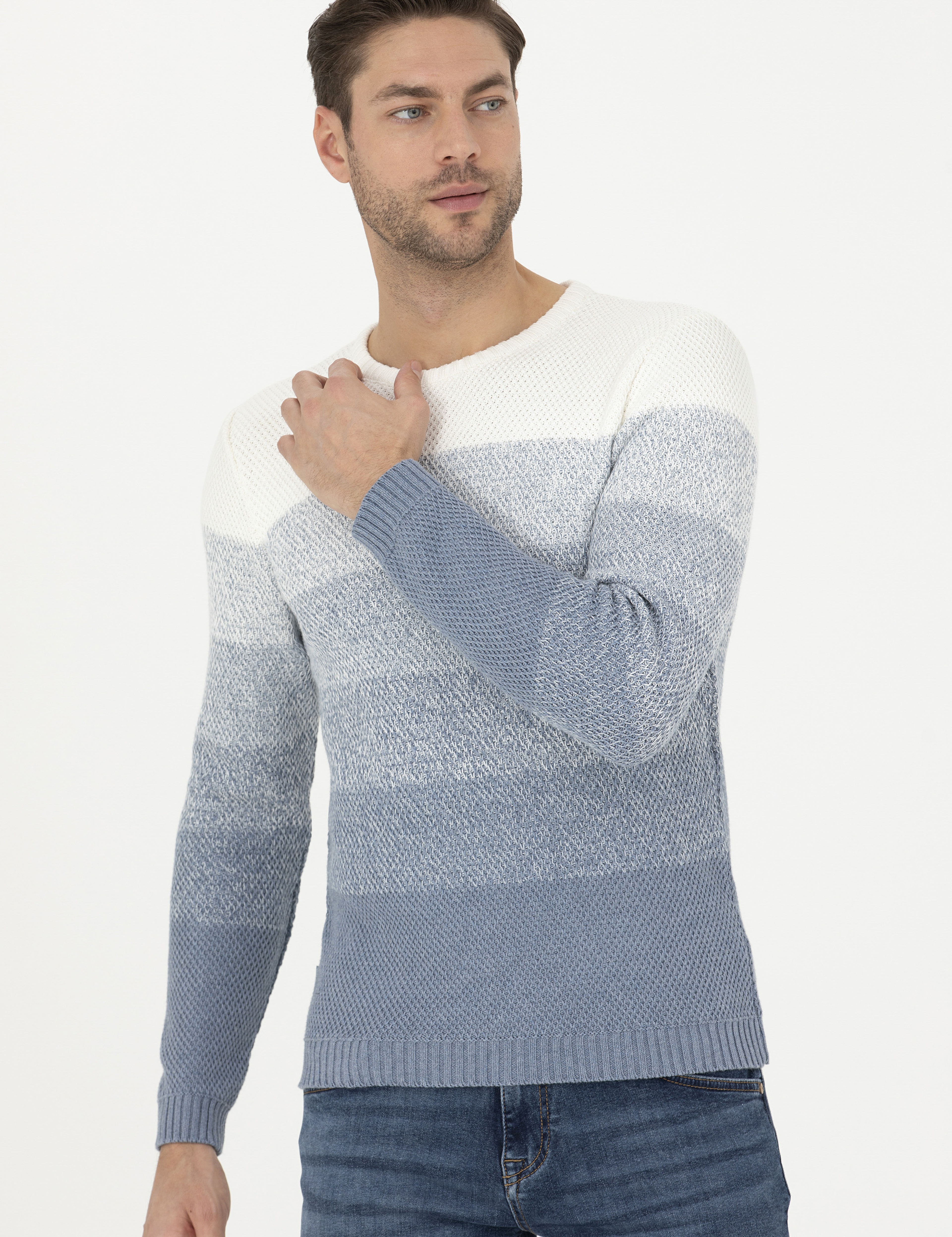 Koyu Mavi Slim Fit Bisiklet Yaka Triko Kazak - Image 3