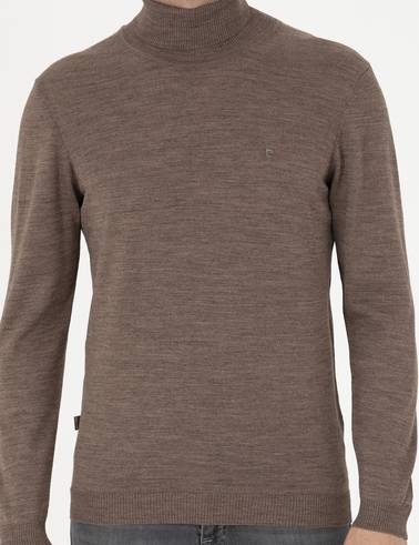 Açık Kahverengi Slim Fit Balıkçı Yaka Yün Karışımlı Basic Triko Kazak