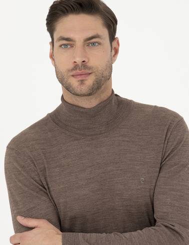 Açık Kahverengi Slim Fit Balıkçı Yaka Yün Karışımlı Basic Triko Kazak