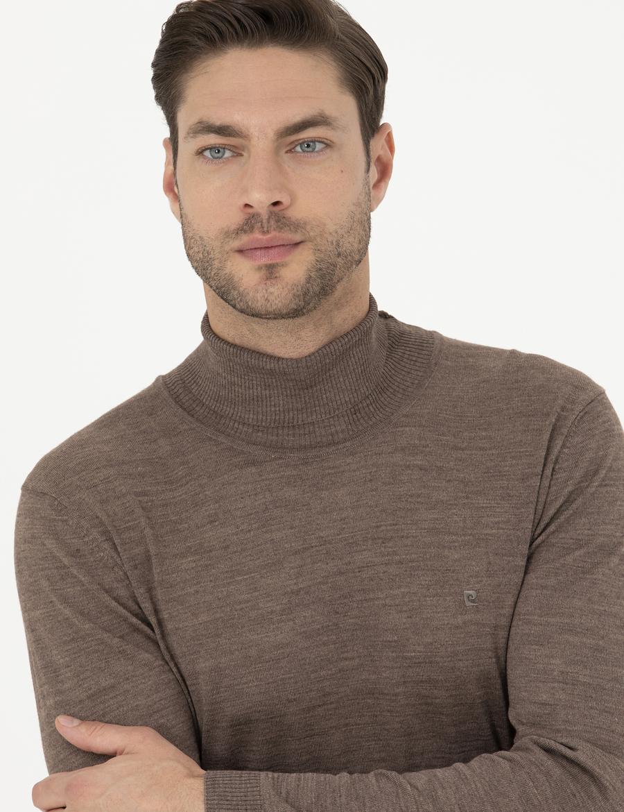 Açık Kahverengi Slim Fit Balıkçı Yaka Yün Karışımlı Basic Triko Kazak