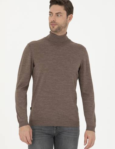 Açık Kahverengi Slim Fit Balıkçı Yaka Yün Karışımlı Basic Triko Kazak