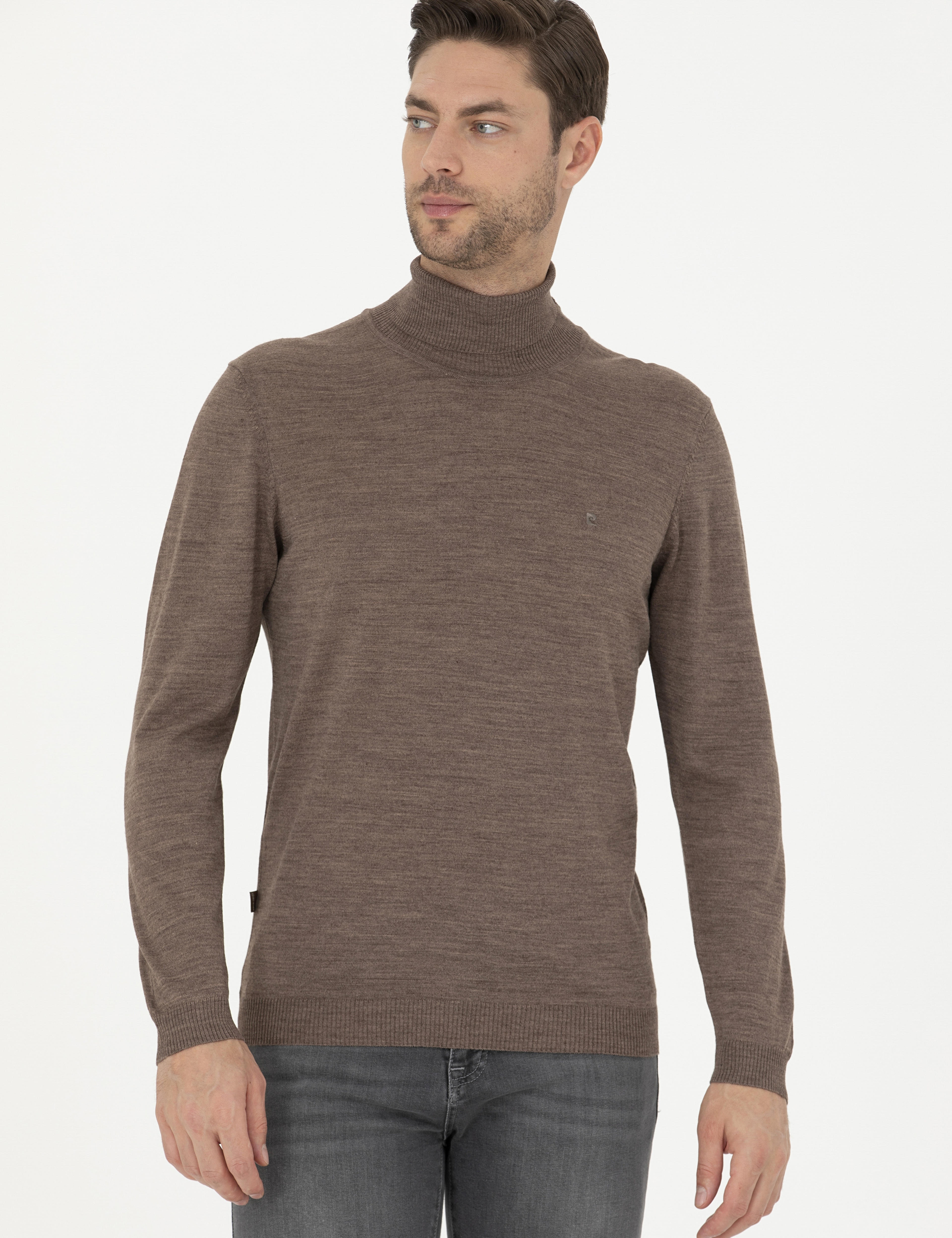 Açık Kahverengi Slim Fit Balıkçı Yaka Yün Karışımlı Basic Triko Kazak - Image 3