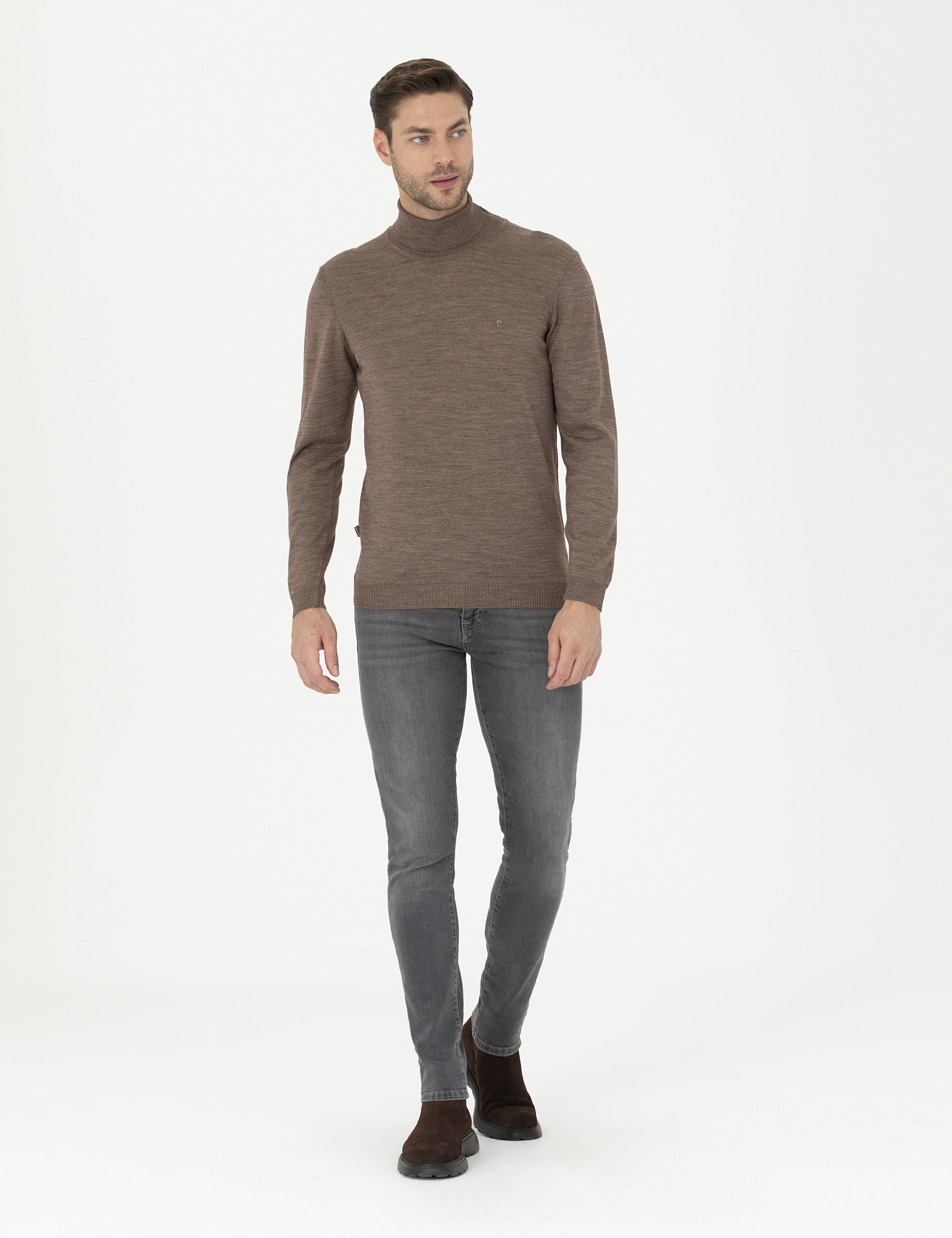 Açık Kahverengi Slim Fit Balıkçı Yaka Yün Karışımlı Basic Triko Kazak - Image 4