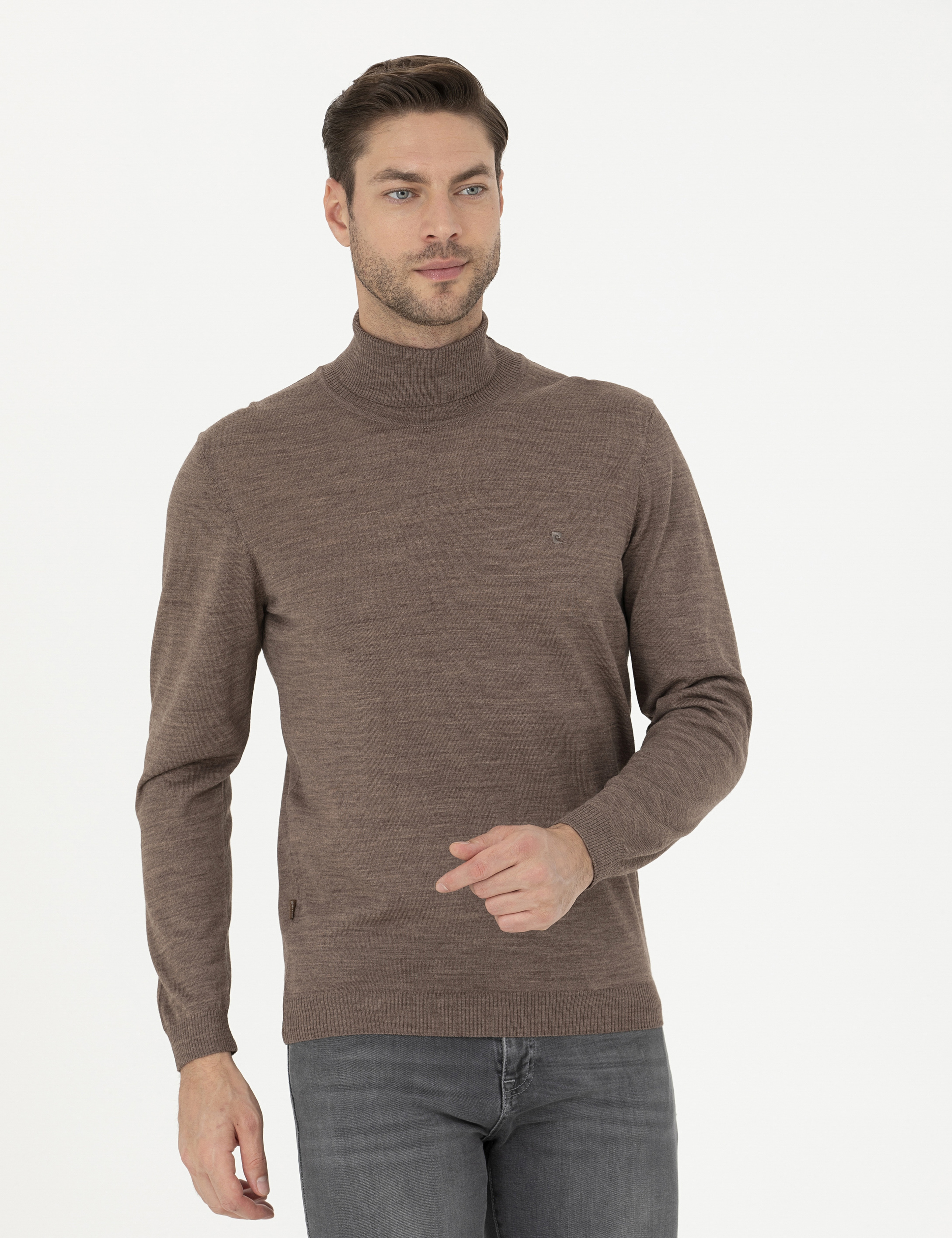 Açık Kahverengi Slim Fit Balıkçı Yaka Yün Karışımlı Basic Triko Kazak