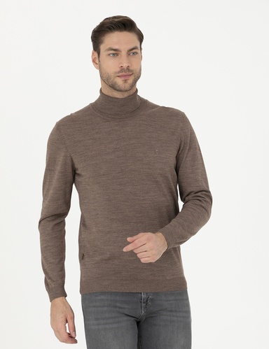 Açık Kahverengi Slim Fit Balıkçı Yaka Yün Karışımlı Basic Triko Kazak