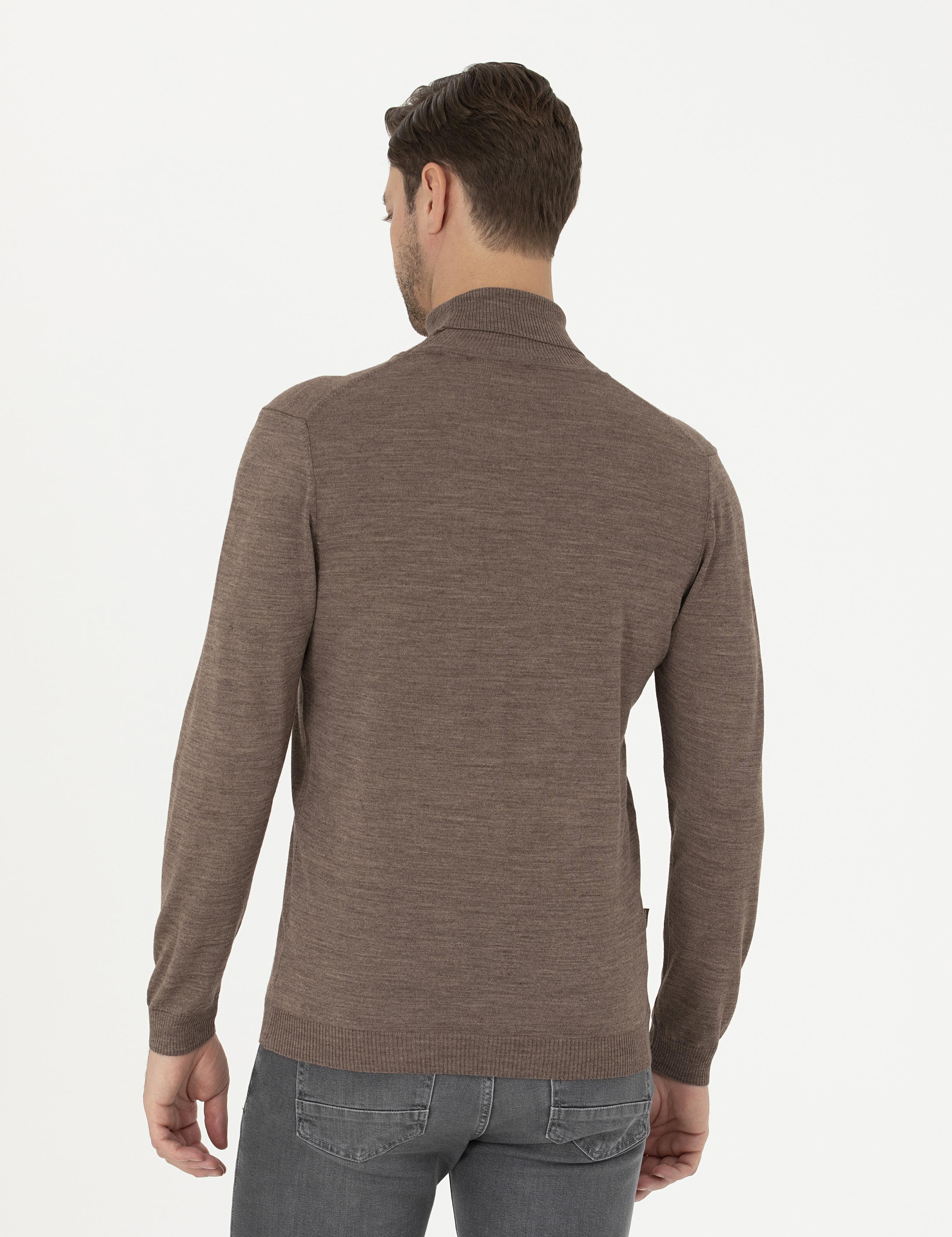 Açık Kahverengi Slim Fit Balıkçı Yaka Yün Karışımlı Basic Triko Kazak