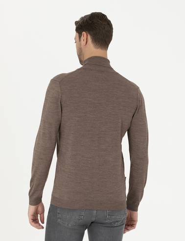 Açık Kahverengi Slim Fit Balıkçı Yaka Yün Karışımlı Basic Triko Kazak