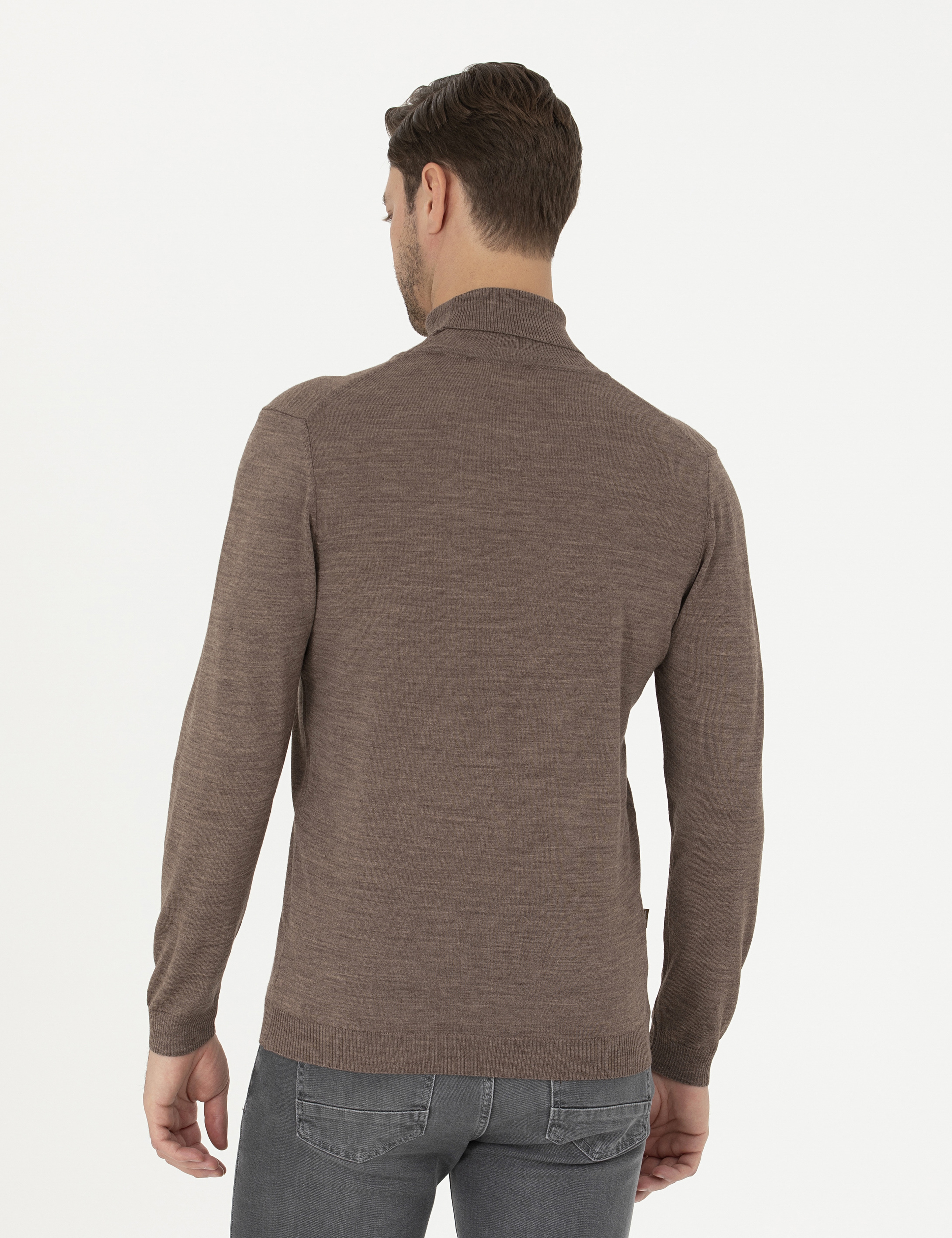 Açık Kahverengi Slim Fit Balıkçı Yaka Yün Karışımlı Basic Triko Kazak - Image 5