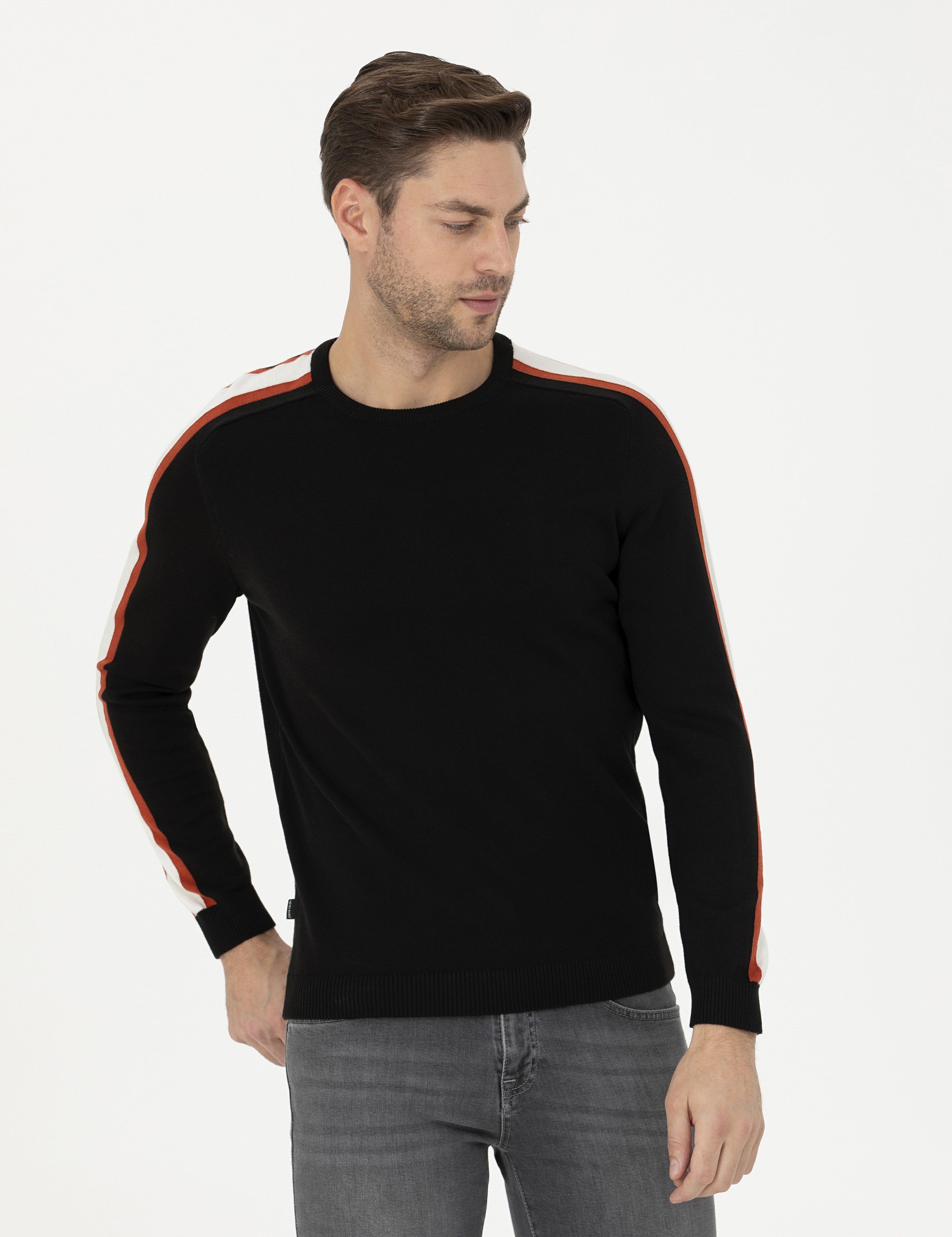 Siyah Slim Fit Bisiklet Yaka Triko Kazak - Image 1