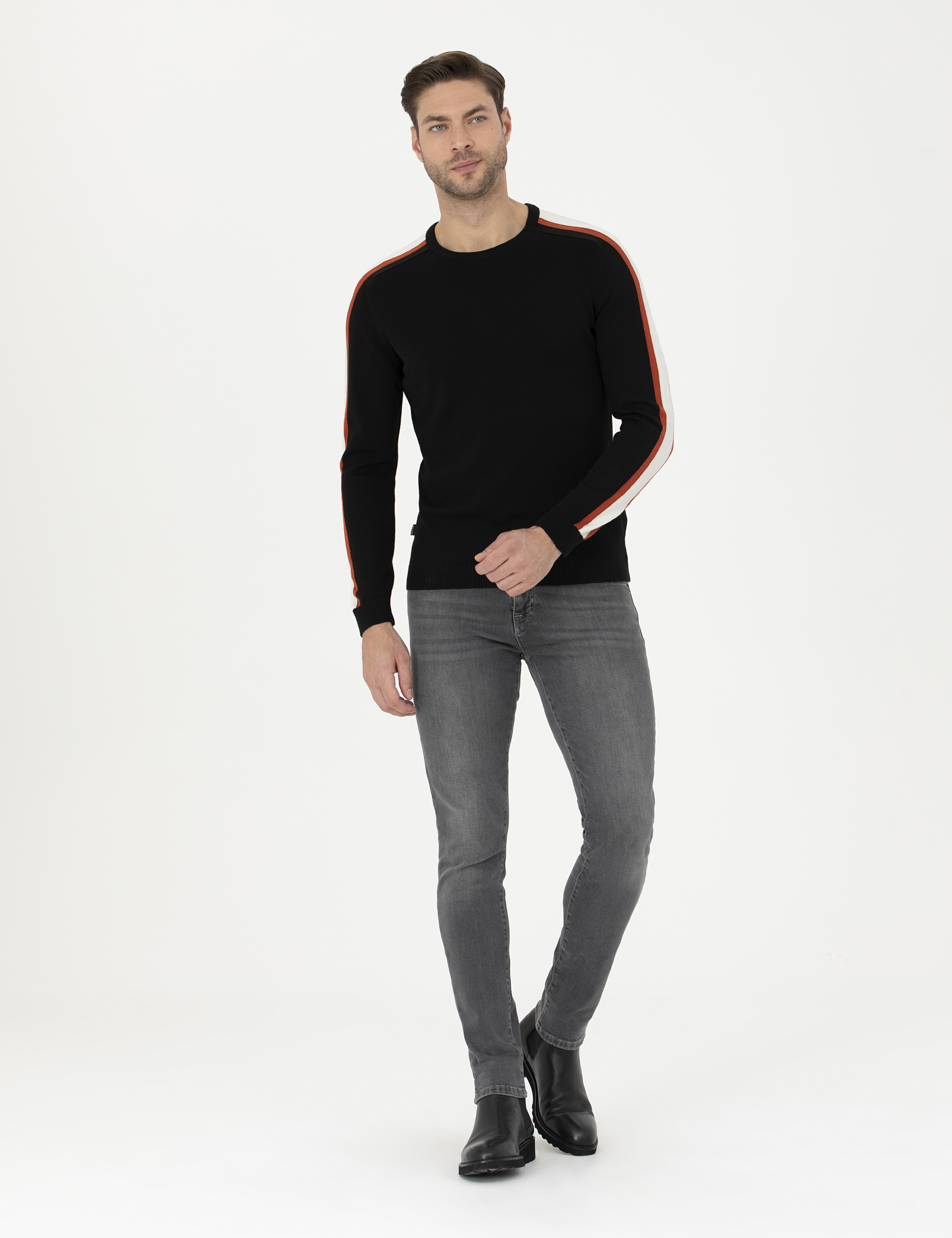 Siyah Slim Fit Bisiklet Yaka Triko Kazak - Image 4