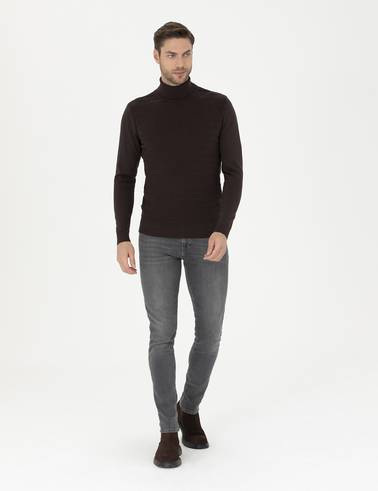 Kahverengi Slim Fit Balıkçı Yaka Triko Kazak