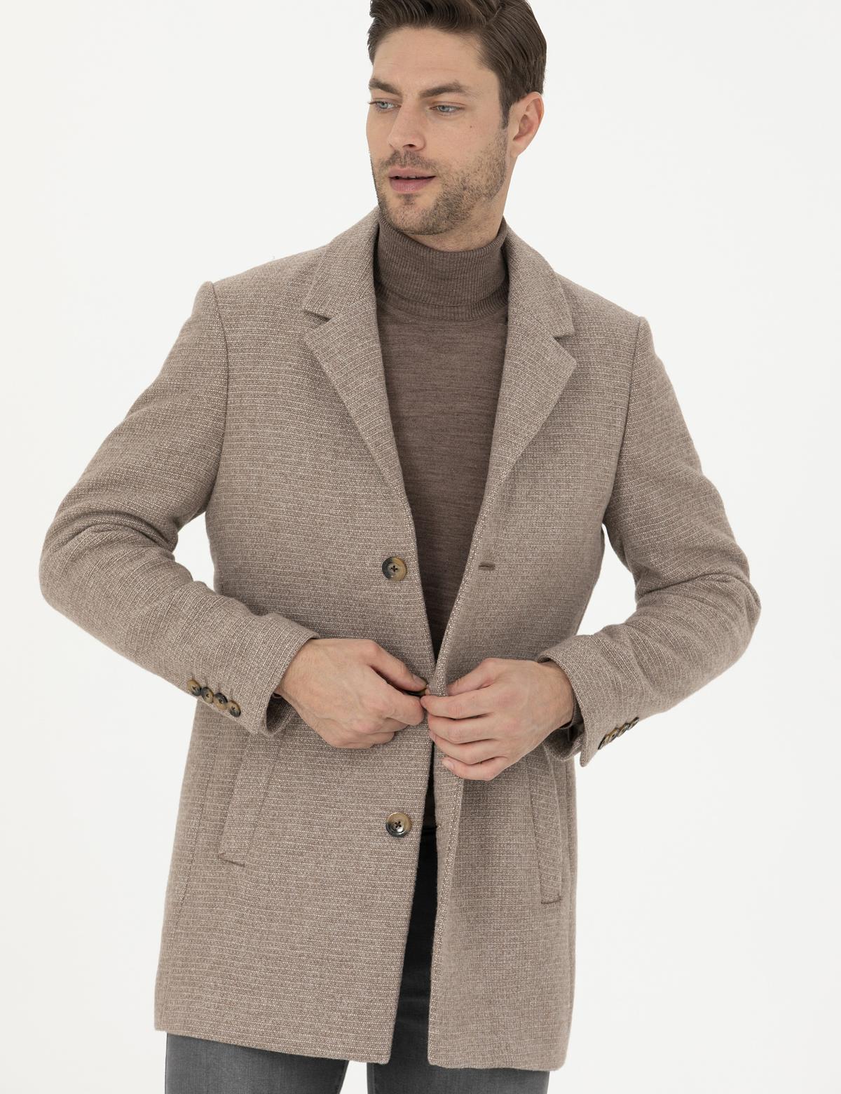 Kahverengi Yün Karışımlı Ekstra Slim Fit Kaşe Kaban - 50284099018