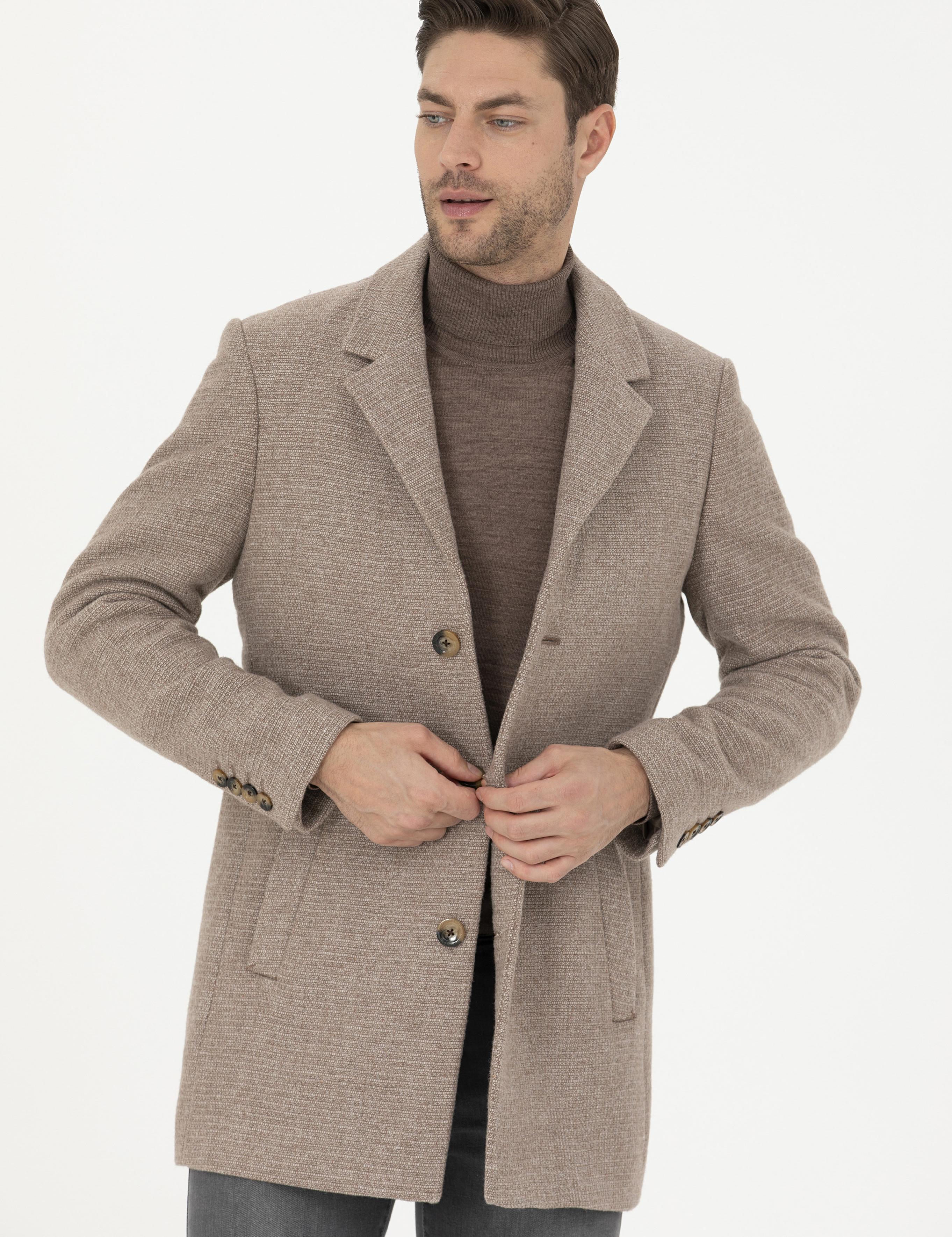 Kahverengi Yün Karışımlı Ekstra Slim Fit Kaşe Kaban