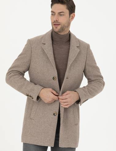 Kahverengi Yün Karışımlı Ekstra Slim Fit Kaşe Kaban