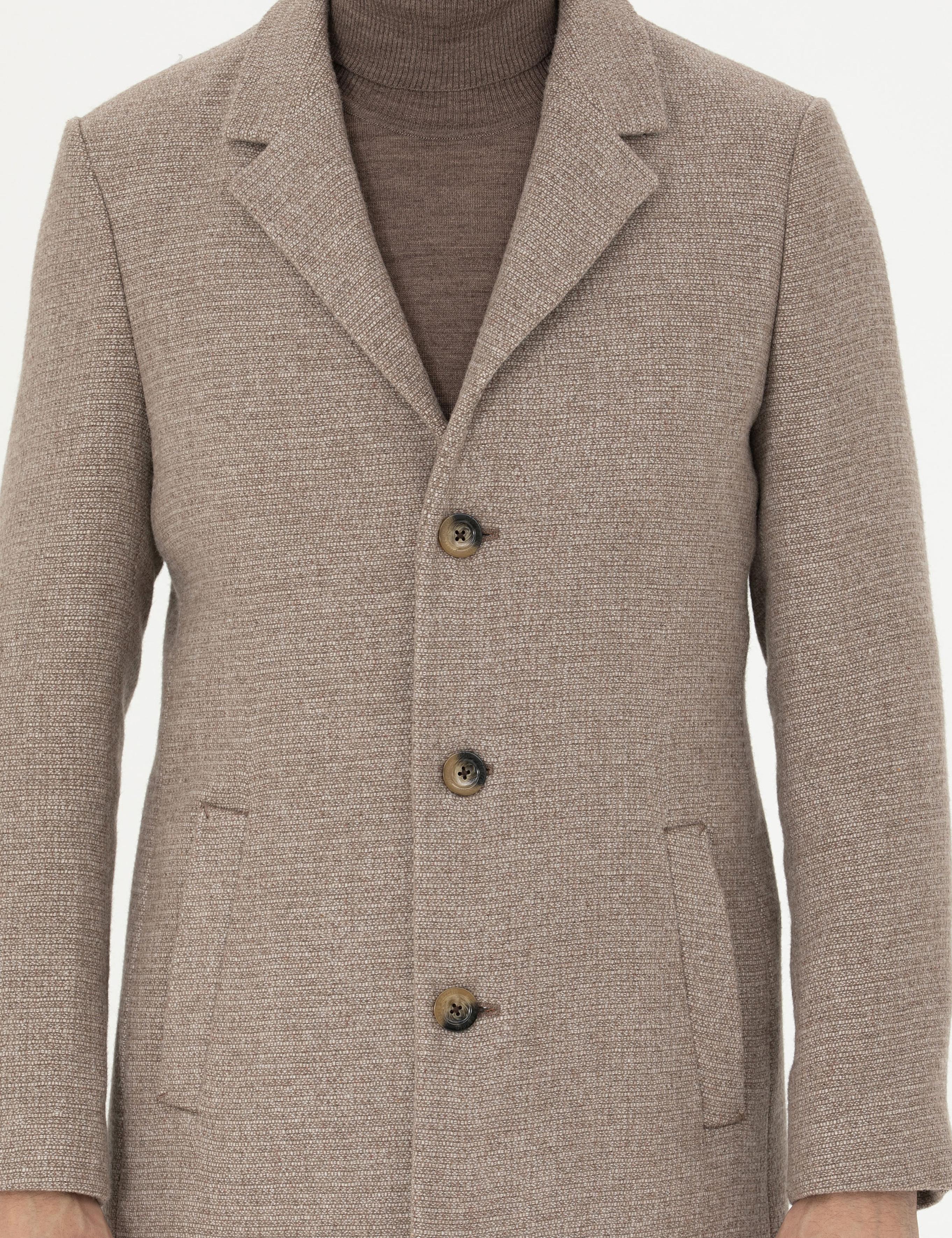 Kahverengi Yün Karışımlı Ekstra Slim Fit Kaşe Kaban