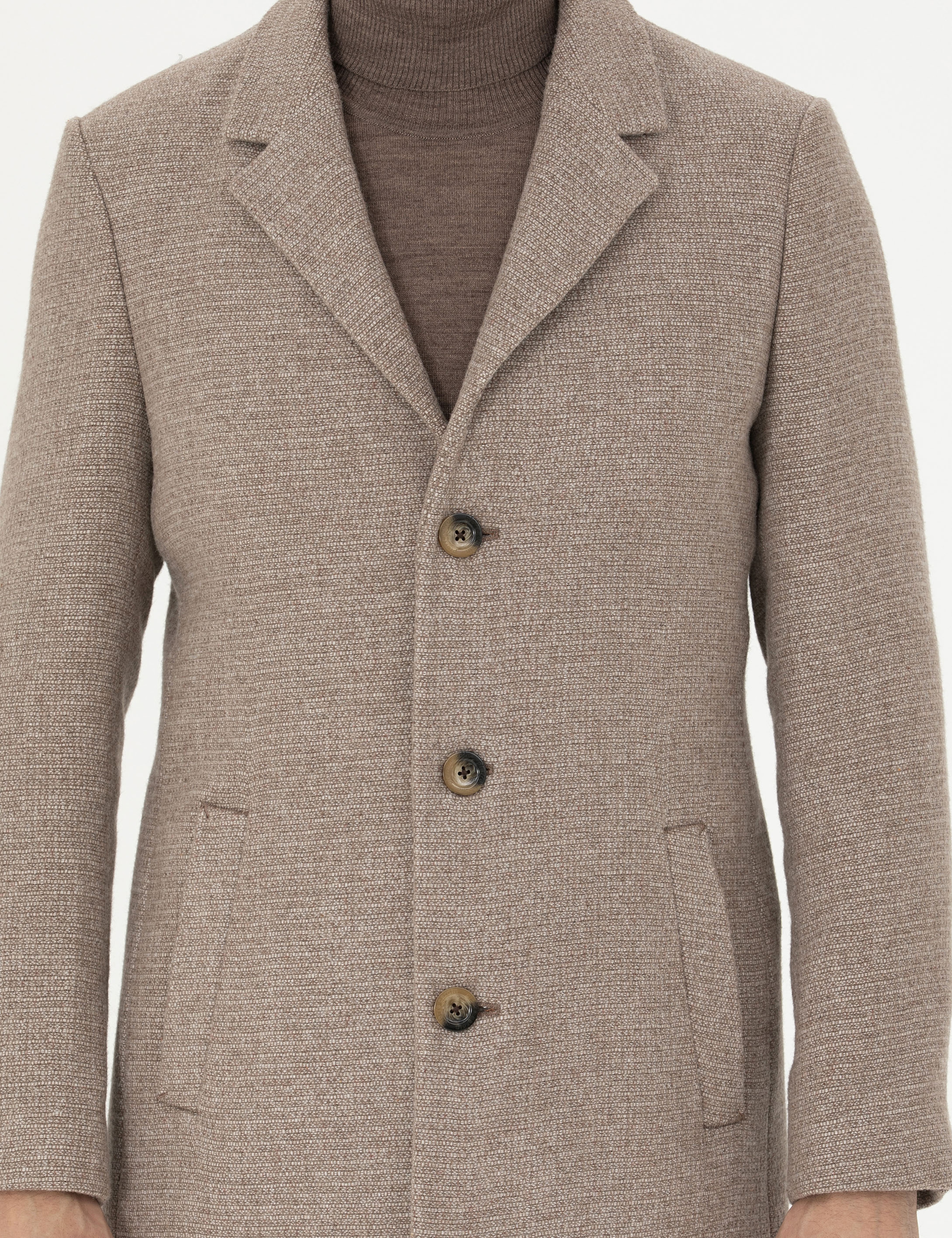 Kahverengi Yün Karışımlı Ekstra Slim Fit Kaşe Kaban - Image 6