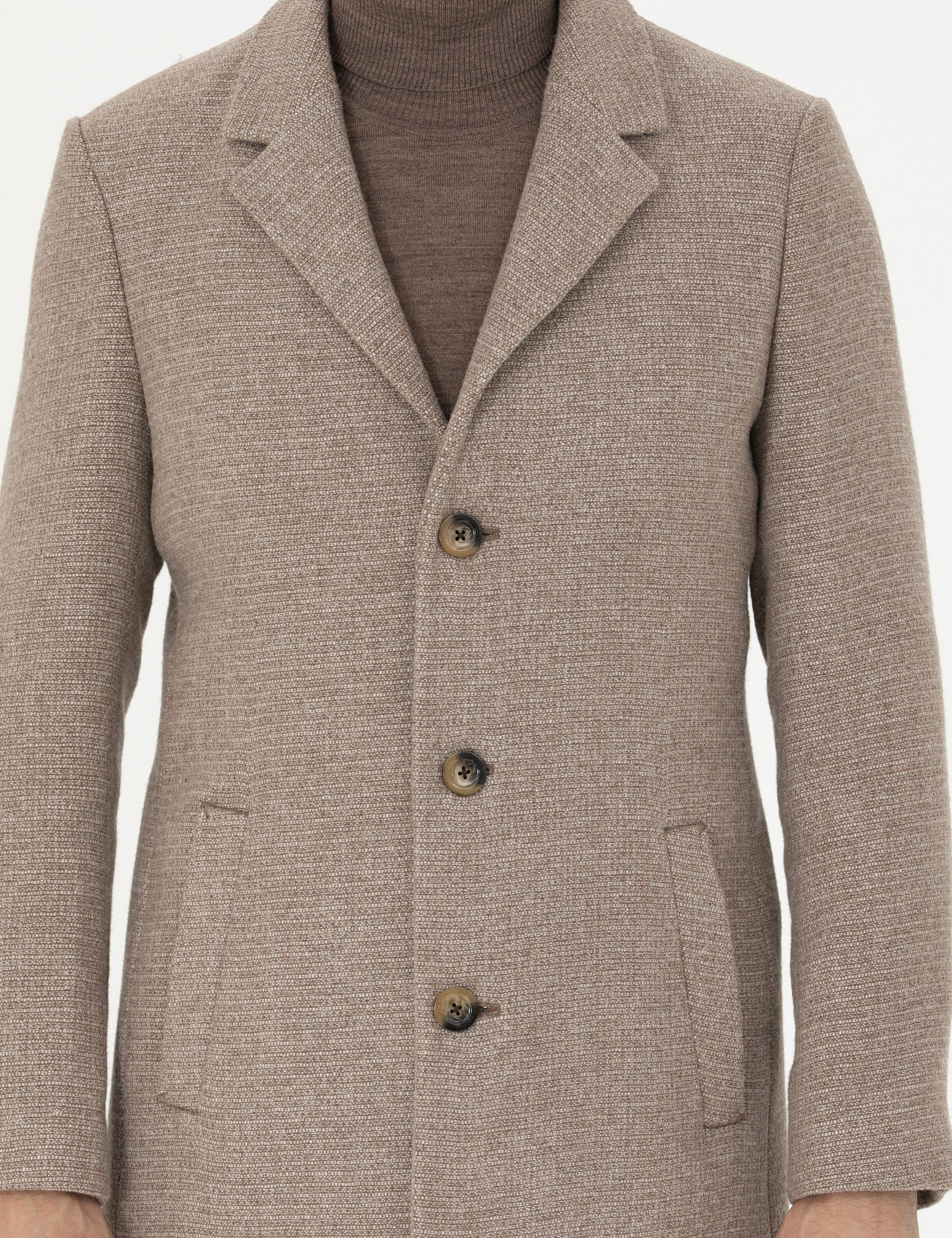 Kahverengi Yün Karışımlı Ekstra Slim Fit Kaşe Kaban
