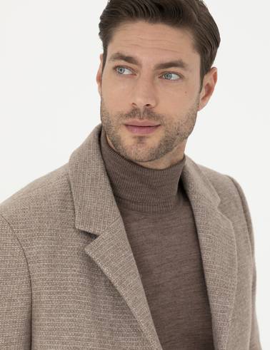 Kahverengi Yün Karışımlı Ekstra Slim Fit Kaşe Kaban
