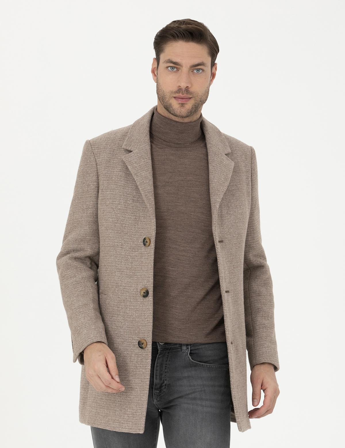 Kahverengi Yün Karışımlı Ekstra Slim Fit Kaşe Kaban