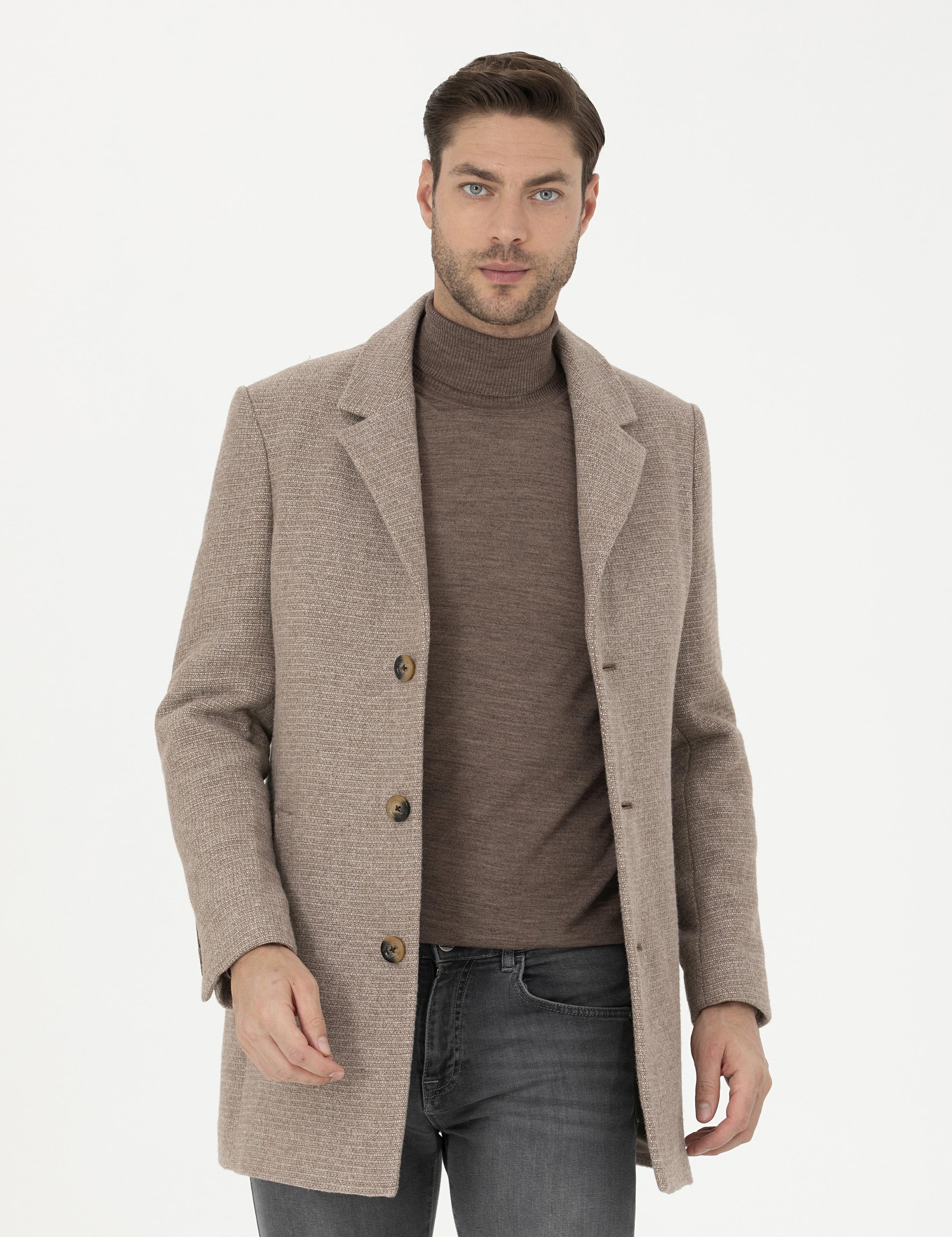 Kahverengi Yün Karışımlı Ekstra Slim Fit Kaşe Kaban