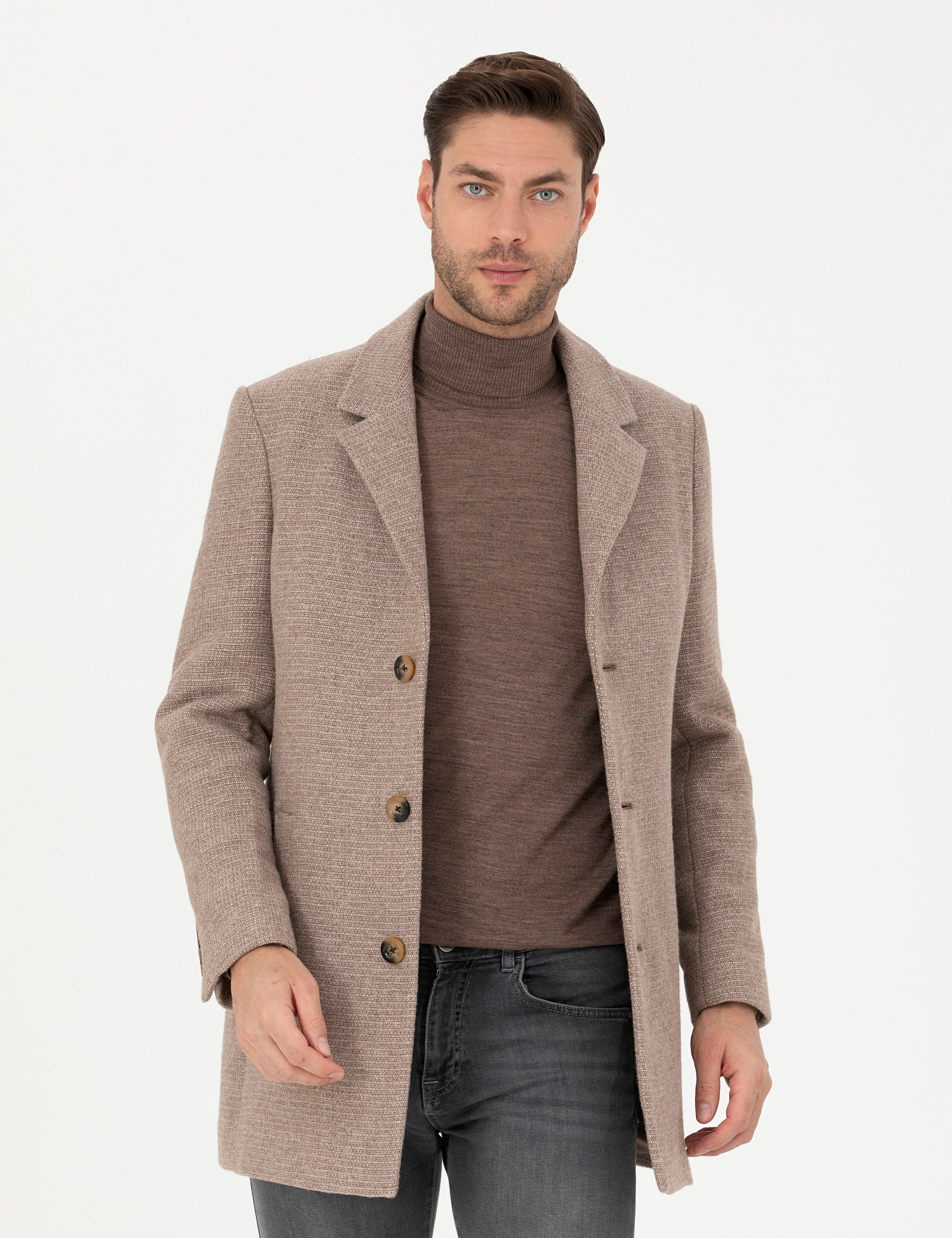 Kahverengi Yün Karışımlı Ekstra Slim Fit Kaşe Kaban - Image 1
