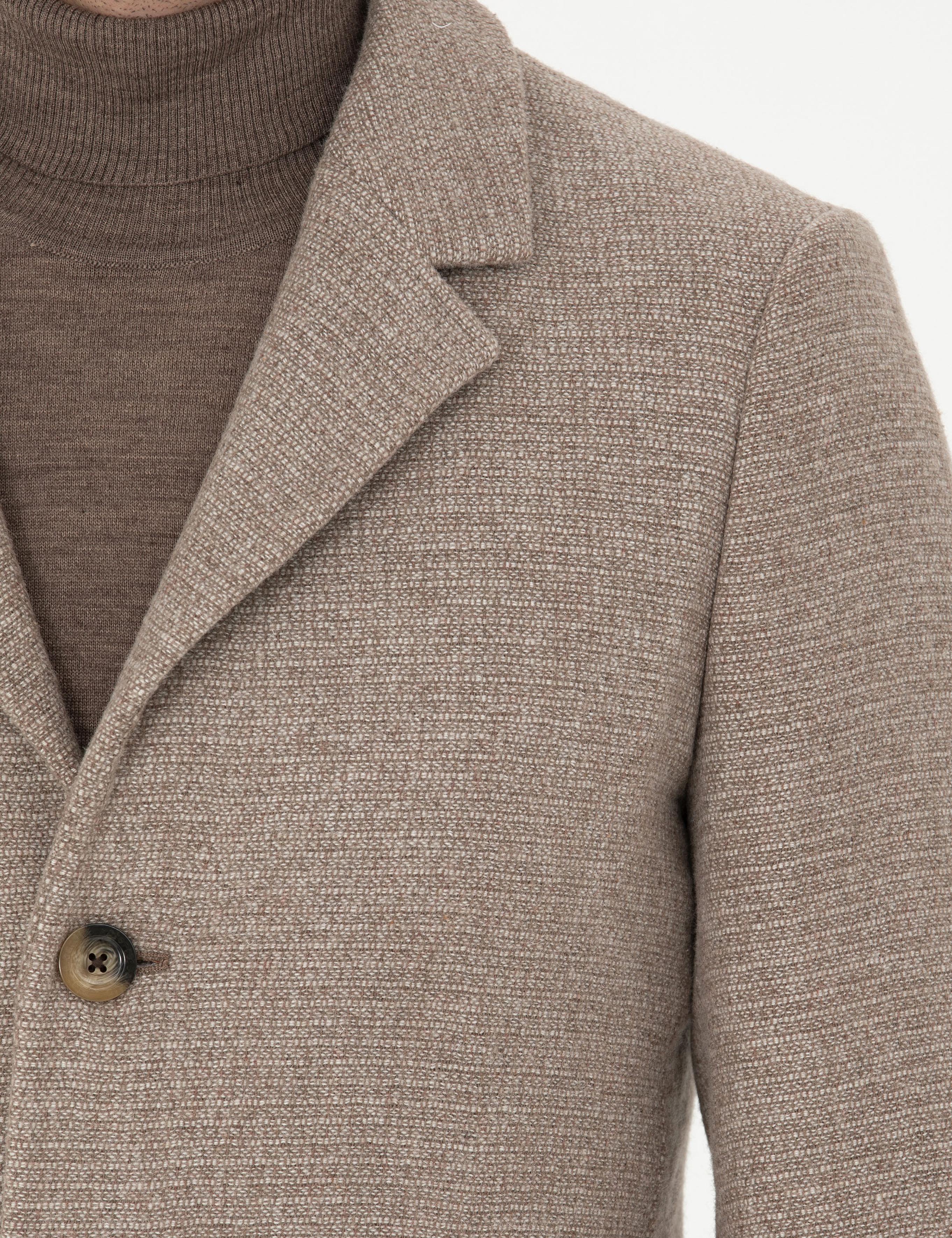 Kahverengi Yün Karışımlı Ekstra Slim Fit Kaşe Kaban