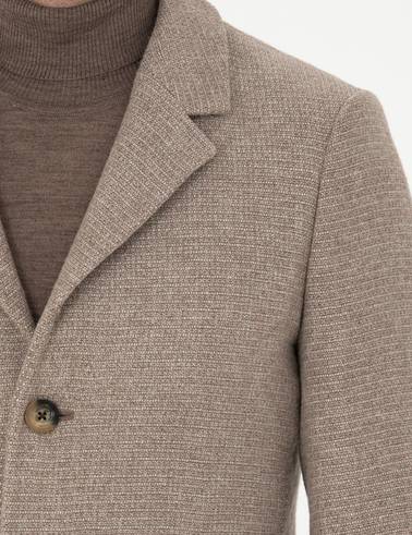 Kahverengi Yün Karışımlı Ekstra Slim Fit Kaşe Kaban