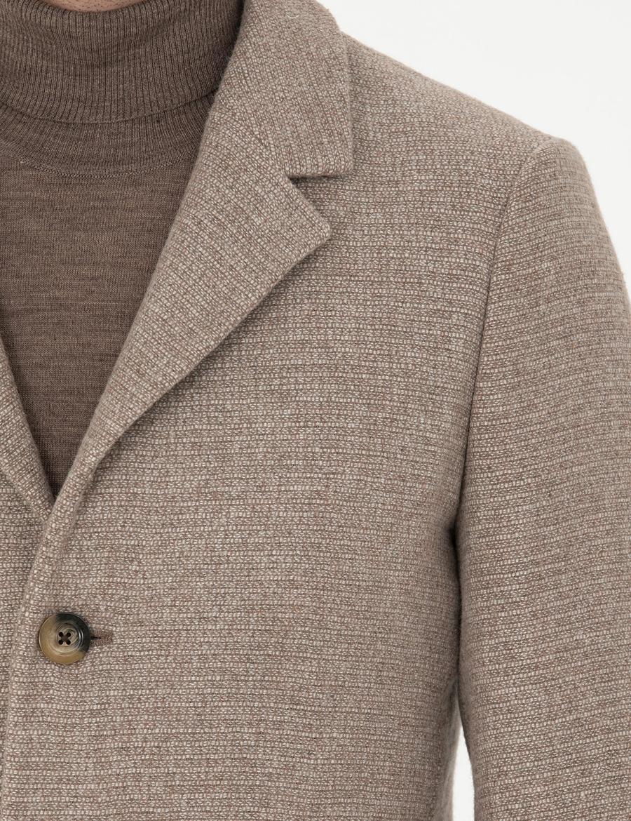 Kahverengi Yün Karışımlı Ekstra Slim Fit Kaşe Kaban