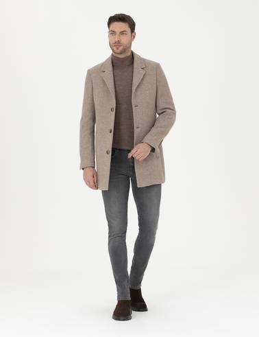 Kahverengi Yün Karışımlı Ekstra Slim Fit Kaşe Kaban