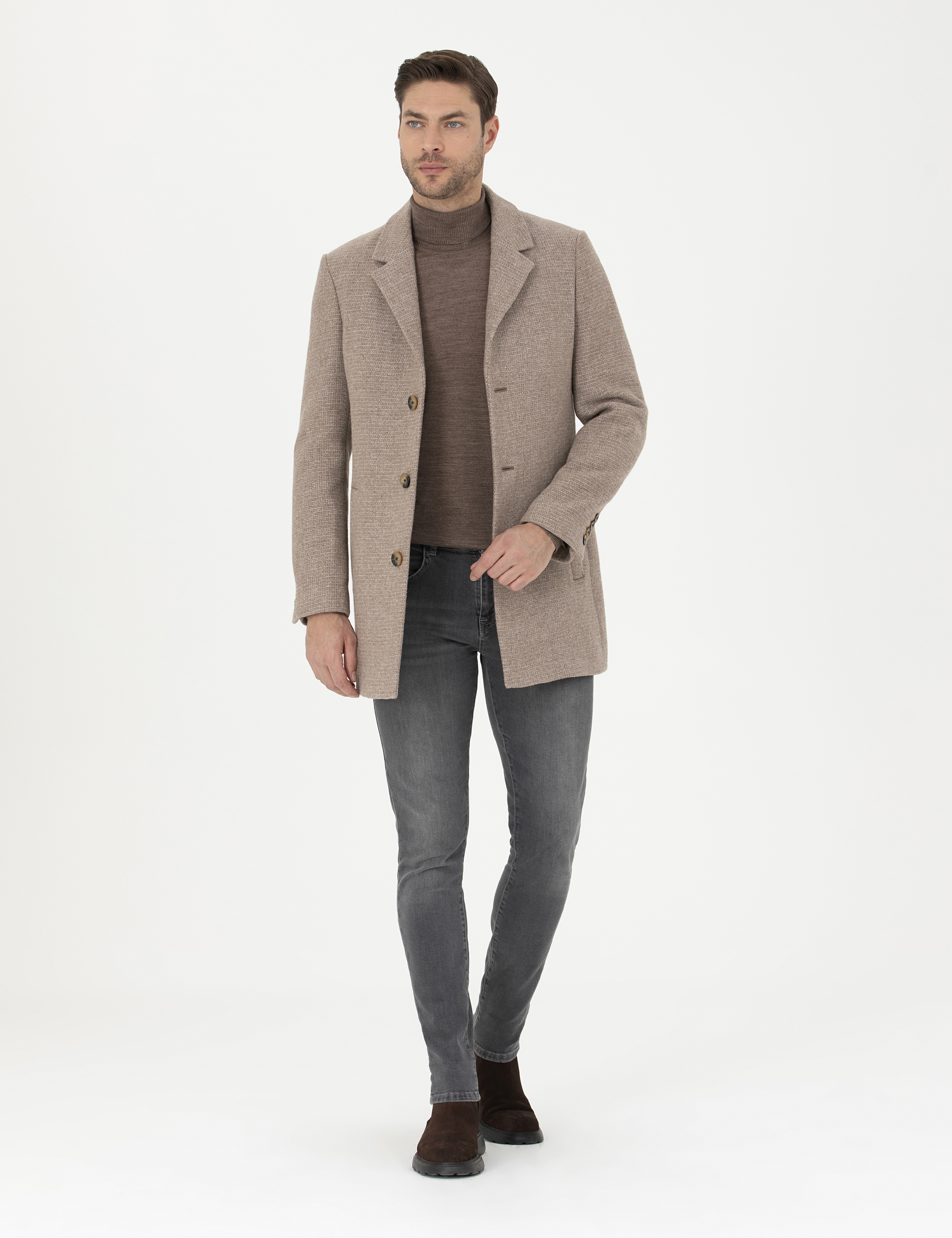 Kahverengi Yün Karışımlı Ekstra Slim Fit Kaşe Kaban - Image 4