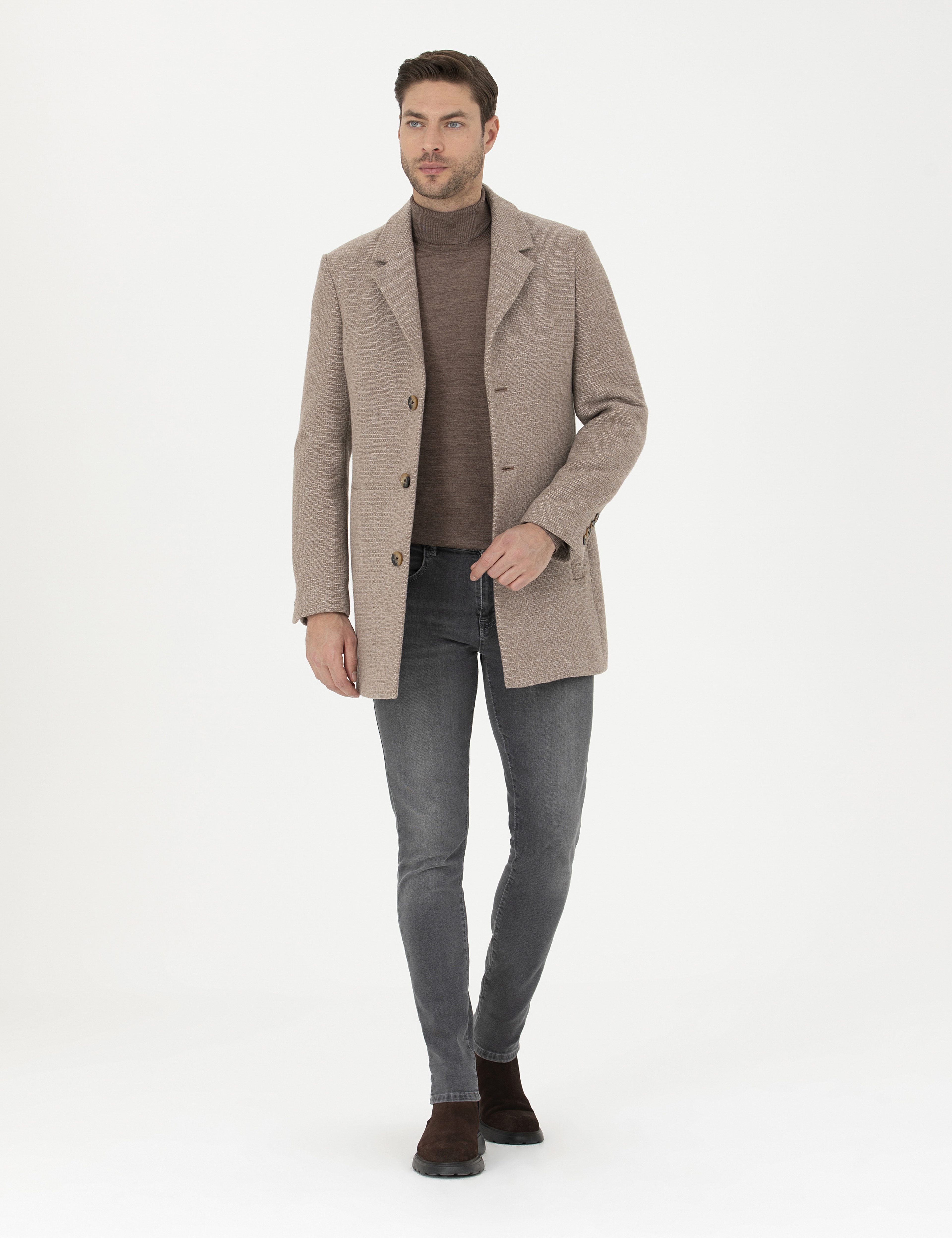 Kahverengi Yün Karışımlı Ekstra Slim Fit Kaşe Kaban