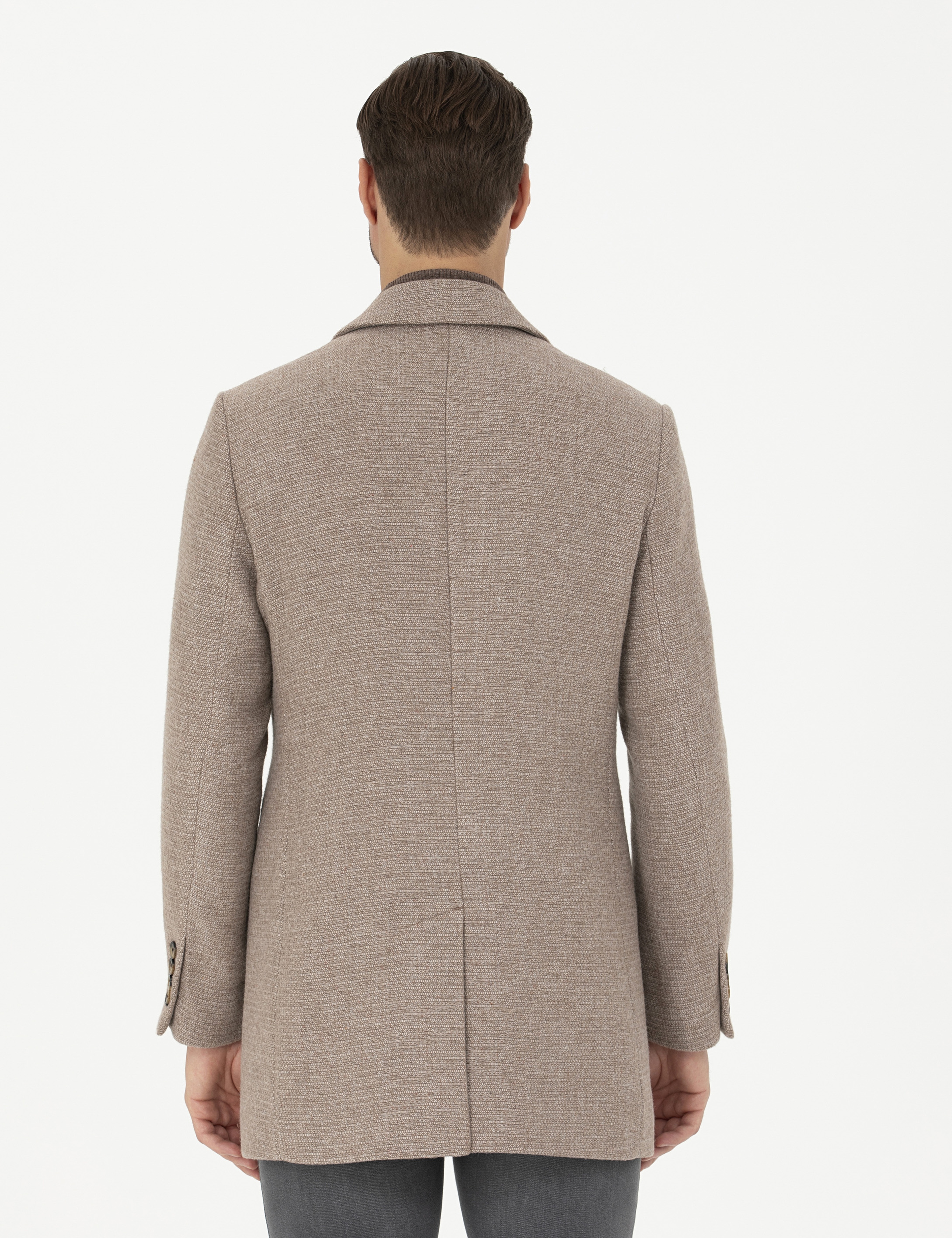 Kahverengi Yün Karışımlı Ekstra Slim Fit Kaşe Kaban - Image 5