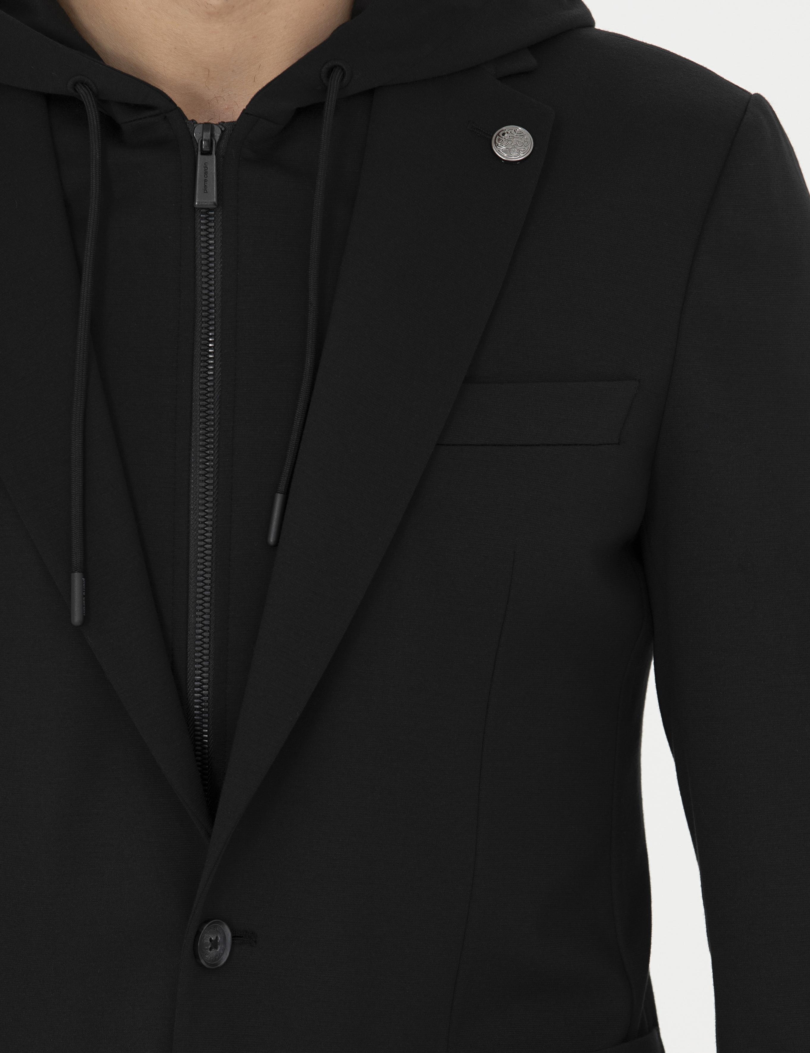 Siyah Slim Fit Kapüşonlu Ceket